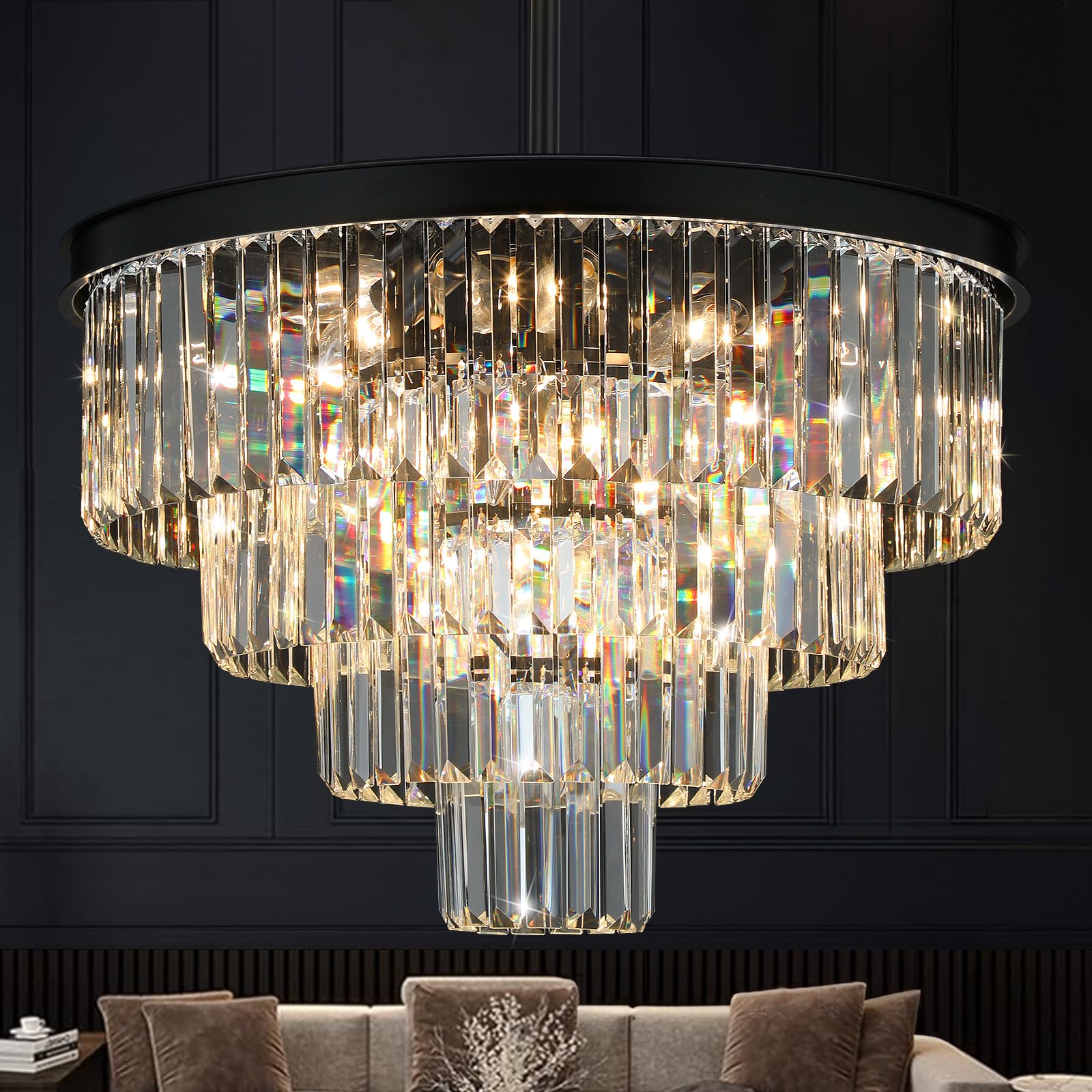 Crystal Chandeliers For Dining Room Lights Fixture Over Table, 15 Lights Black Modern Chandeliers For Living Room, 4-Tier Round