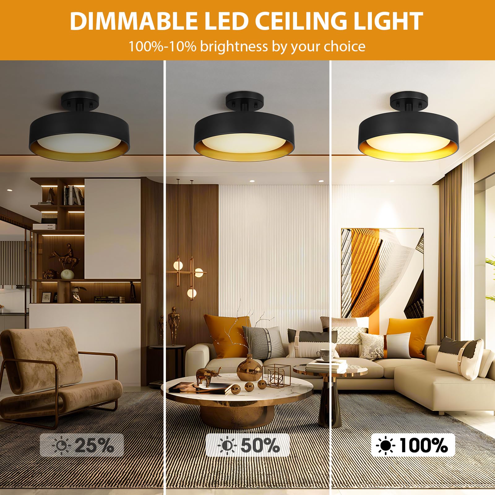 Sunrider Semi Flush Mount Led Ceiling Light Fixture, 12-Inch 25W 2000Lm Black Pendant Lamp For Entrance Attic, Gold Inside, 3000