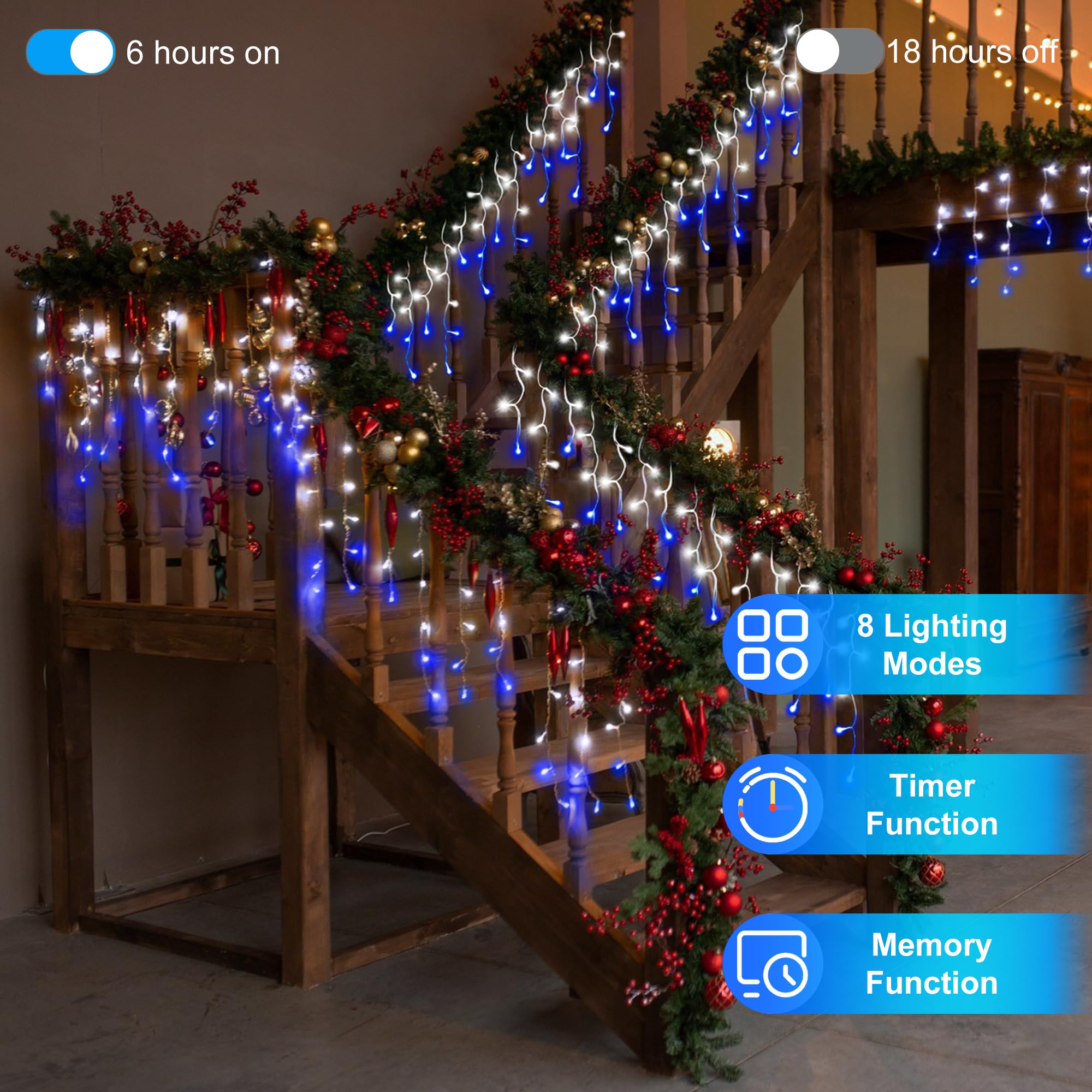 QUHUATU 1296LED Christmas String Lights, 131ft, 288 Drops, 8 Modes, Waterproof, Blue & Cool White