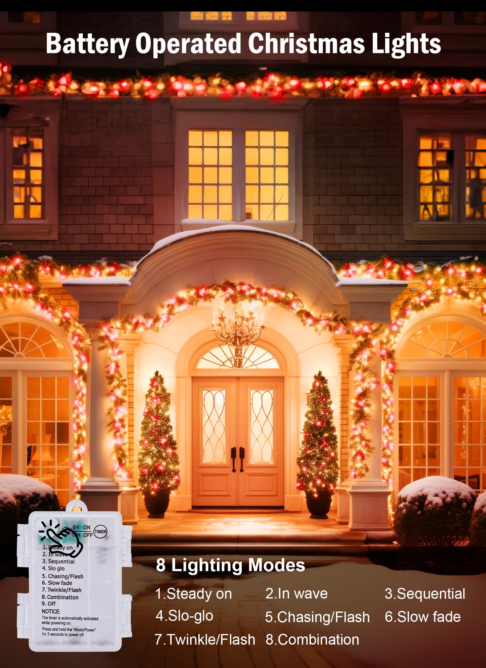 Minetom Christmas String Lights, 100 LED, 33FT, Battery Operated, Waterproof, 8 Modes, Red & Warm White, 2 Pack