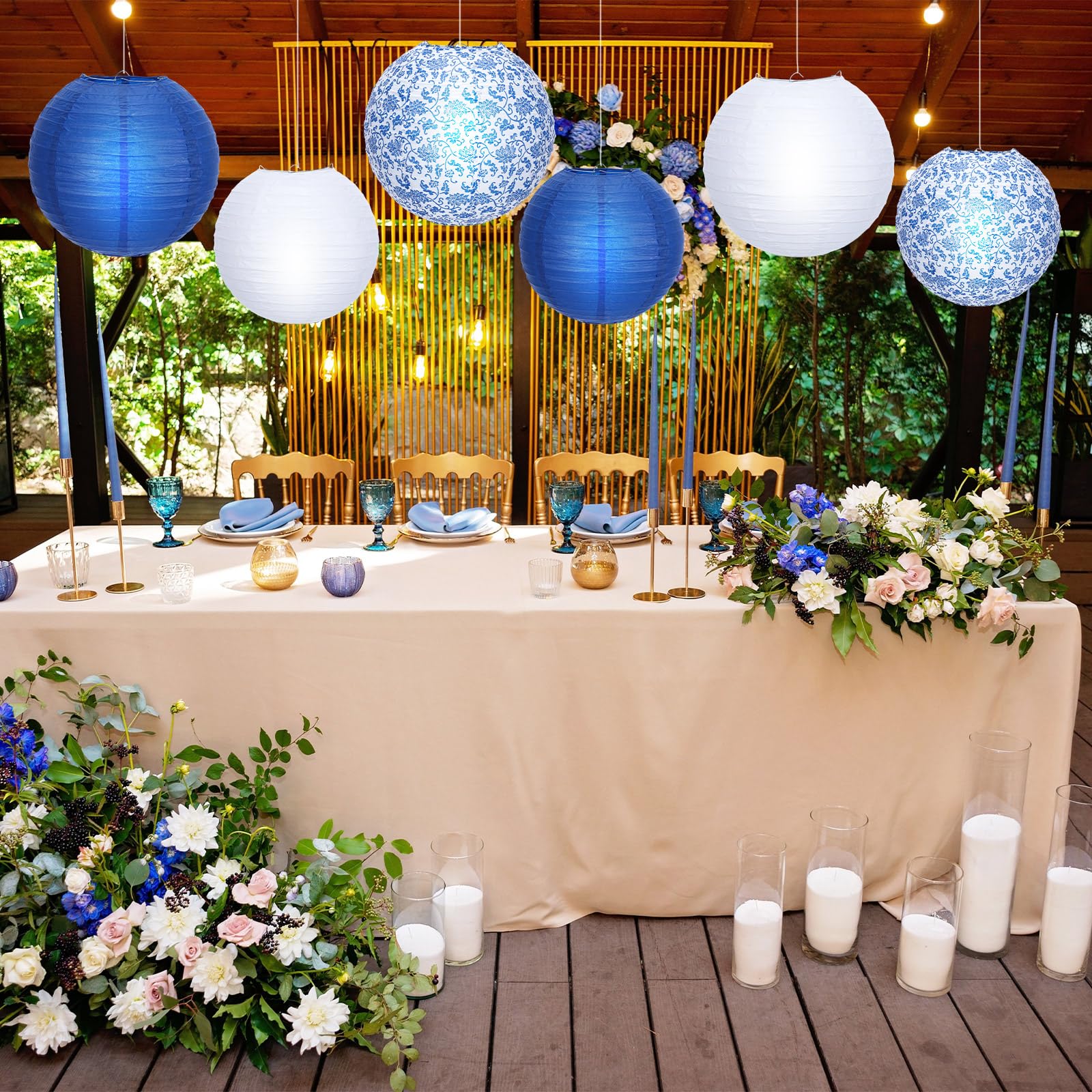 Riakrum 18 Pcs Chinoiserie Paper Lantern Set 10'' 8'' Blue And White Porcelain Print Round Lantern Chinese Japanese Hanging Pape