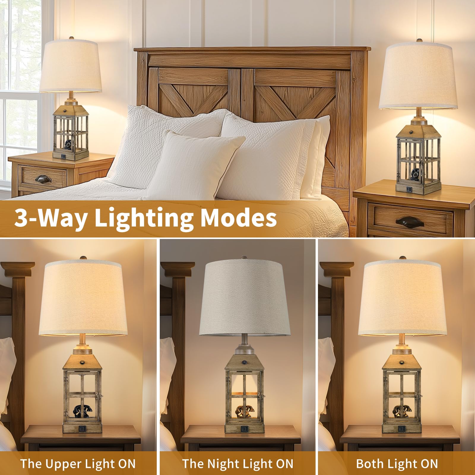 Lovlast Farmhouse Table Lamps Set of 2 with USB Port & Nightlight, 25" Rustic Wood, LED Bulbs Included, Model T4725
