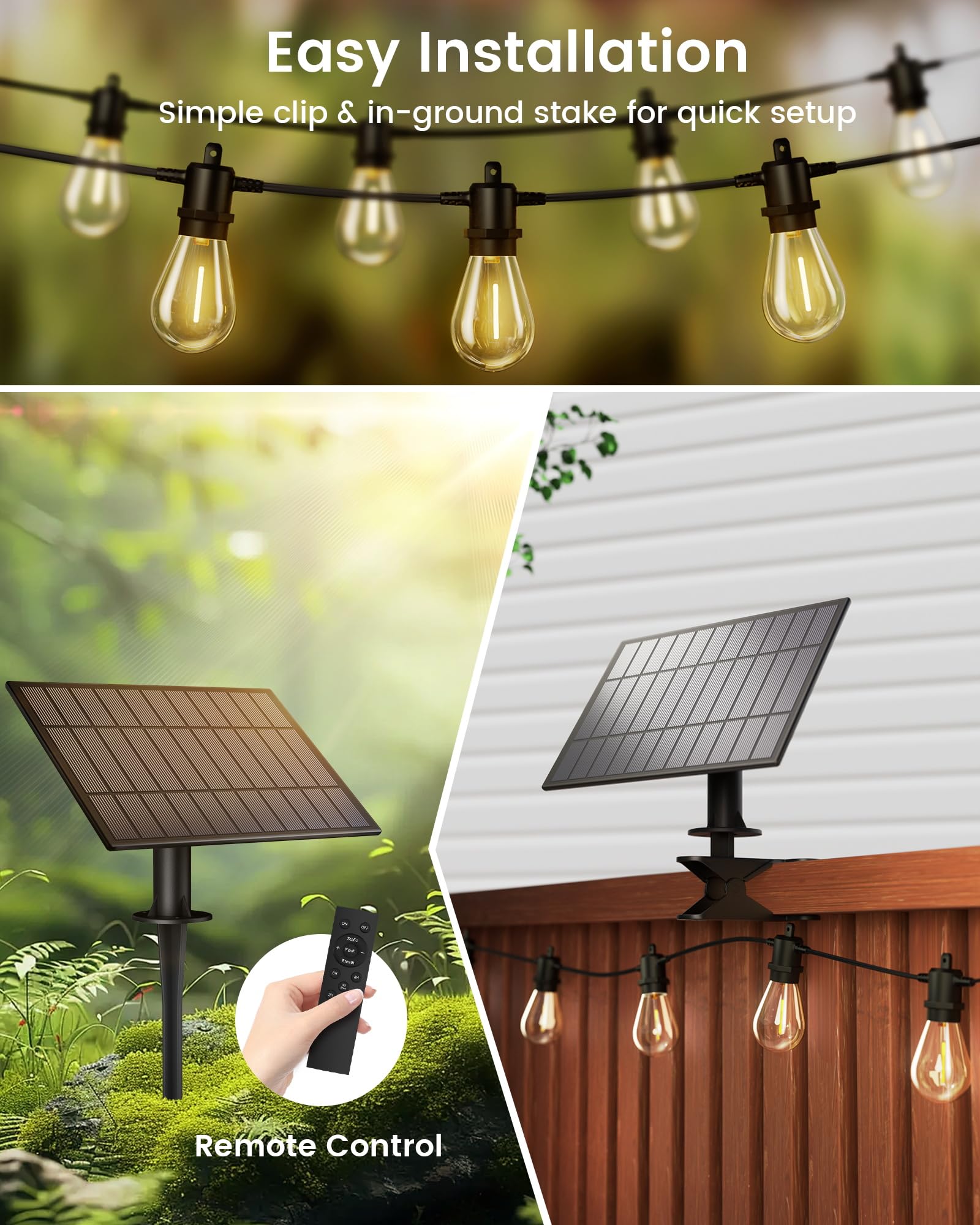 60Ft Solar Outdoor String Lights, 18+1 Shatterproof Led Bulbs, Waterproof, Usb Rechargeable, 2200K Warm White, Energy-Saving Han