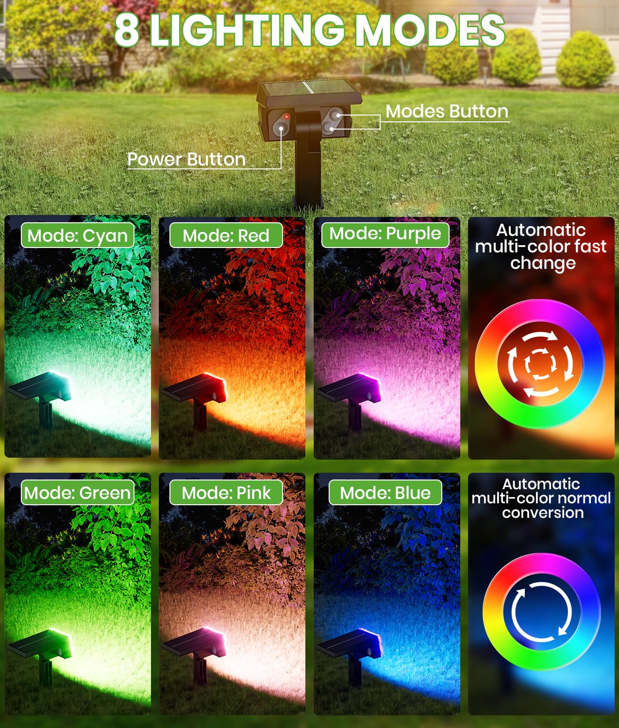 BITPOTT Solar Spot Lights, 58 LED, 8 Color Modes, Waterproof IP67, 2-in-1 Wall Light, 4 Pack, Multicolor