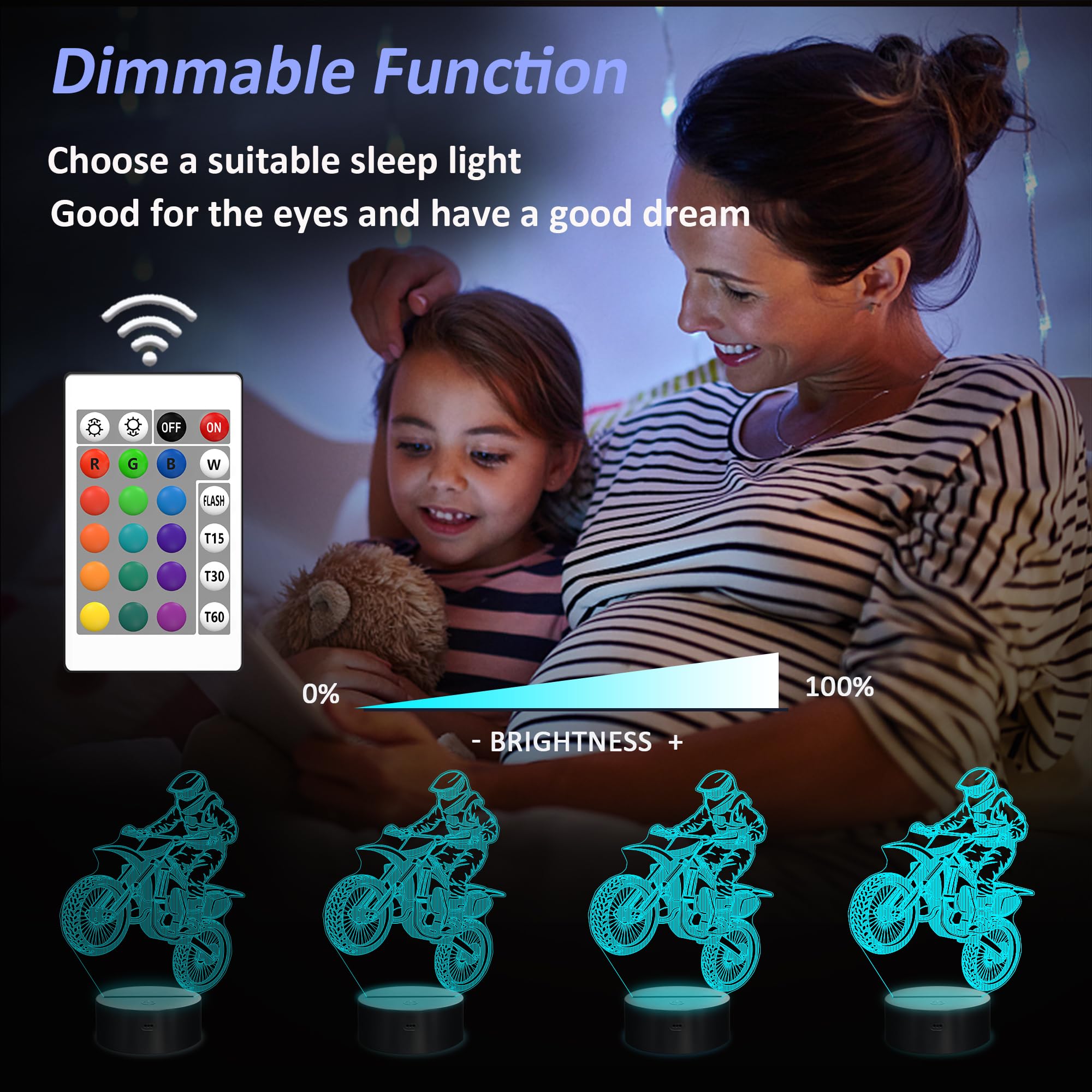 OkiyiD 3D Dirt Bike Night Light with Remote, Touch Control, Acrylic, Color 8, Model FS-2810-9999, Kids Room Decor, Gift for Boys