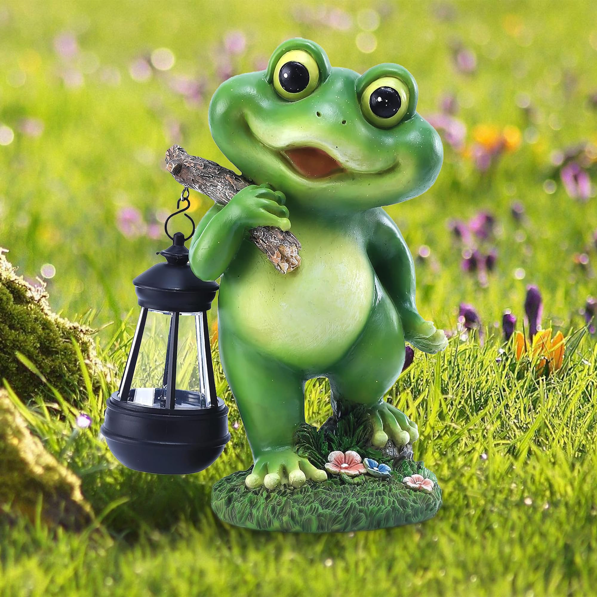 CFFOWNUG Frog Garden Decor Statue with LED Lantern, 11in  Outdoor Yard Decoration, Perfect Gift for Mothers Day, Green Frog Color