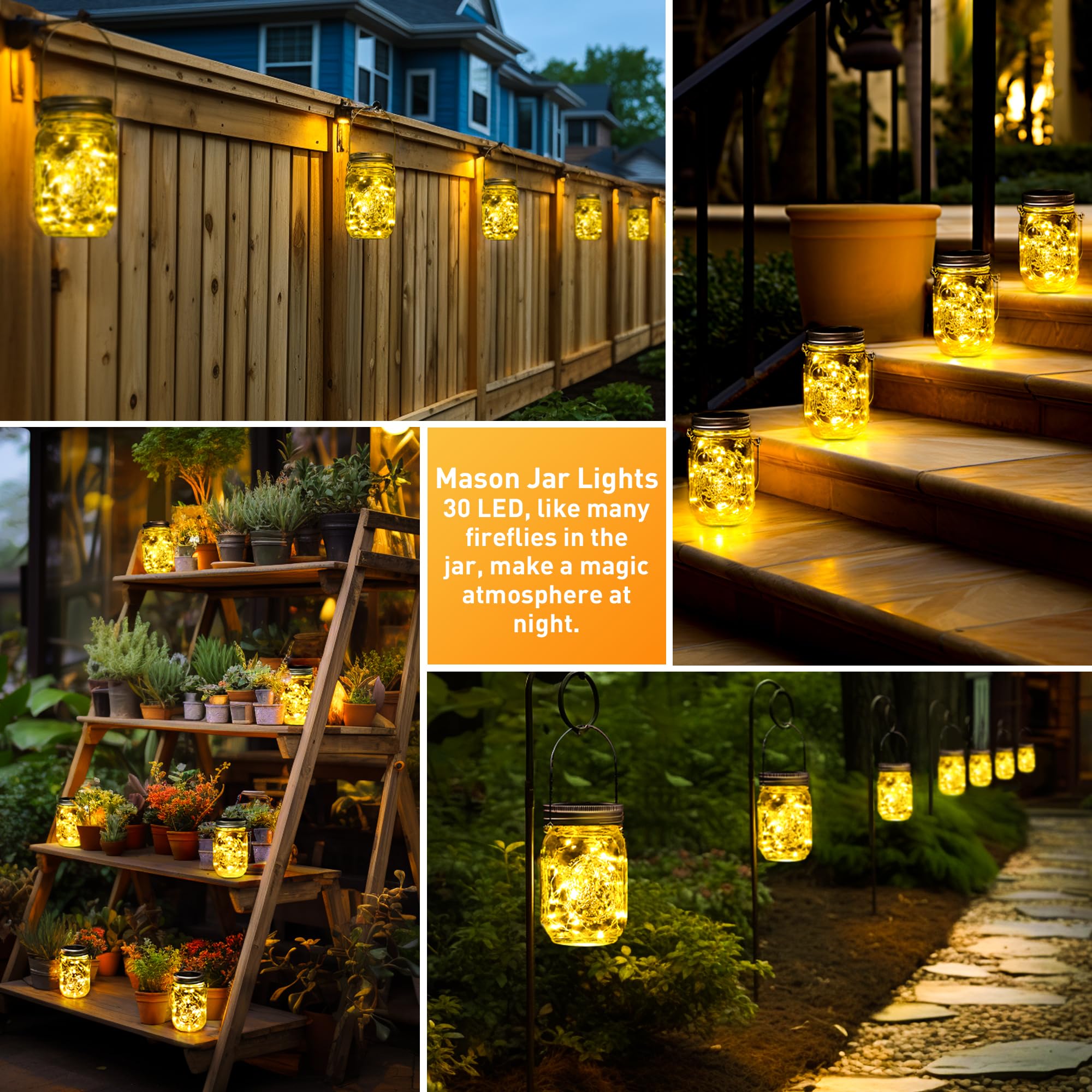 Gigalumi Hanging Mason Jar Solar Lights, 6 Pack 30 Led Tinplate Lids Hanging Solar Lanterns Outdoor Waterproof, Hangers And Jars