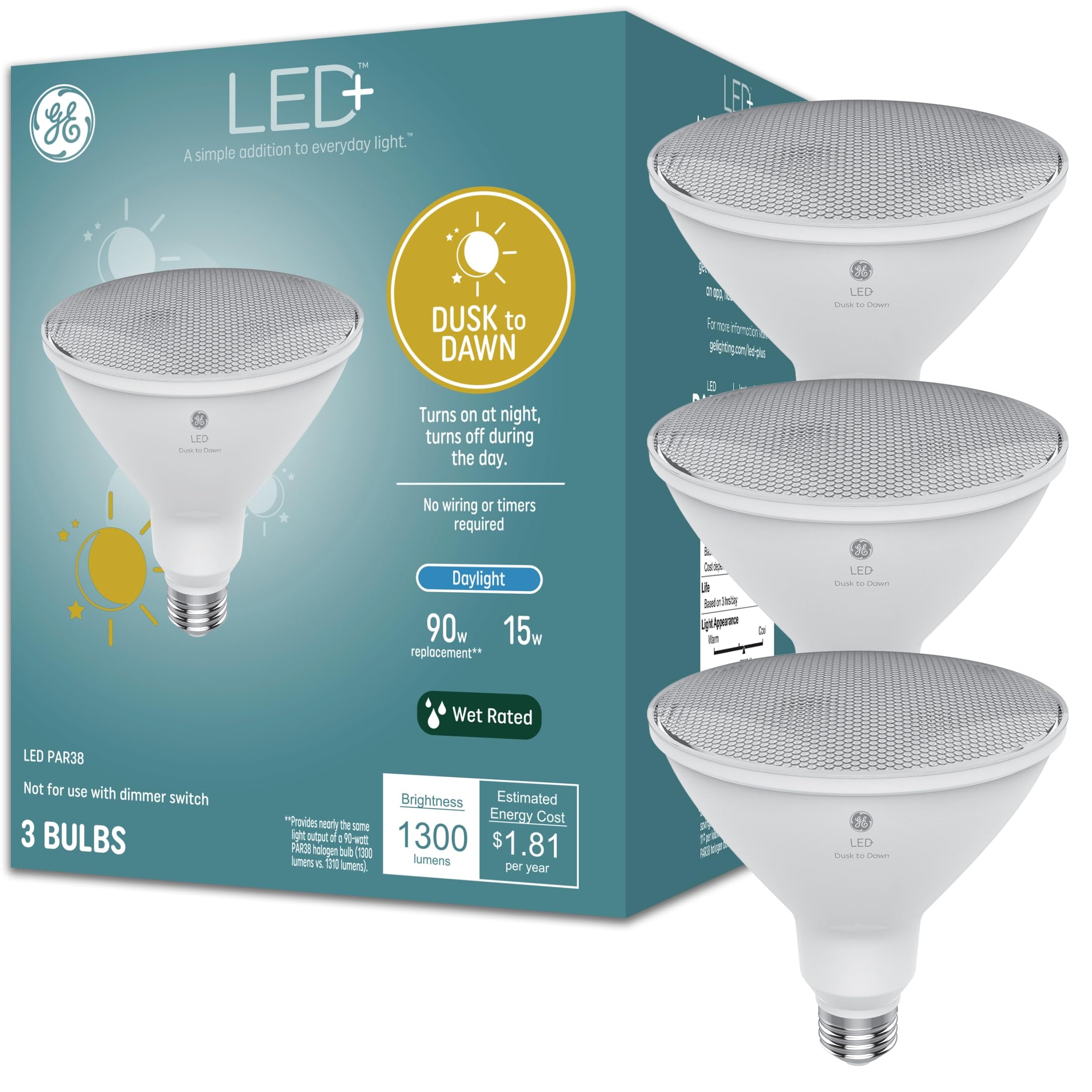 Ge Led+ Dusk To Dawn Led Light Bulbs, 15 Watts, Automatic On/Off Par38 Outdoor Floodlight, Daylight (3 Pack)