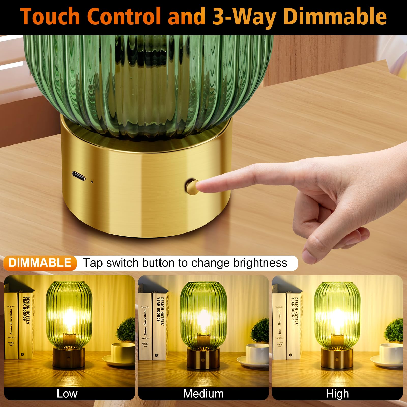 LEDIKON Cordless Table Lamp, Vintage Mid Century Modern, 3-Way Dimmable, Gold, Rechargeable Touch Control, Model RC-MDTBL-02