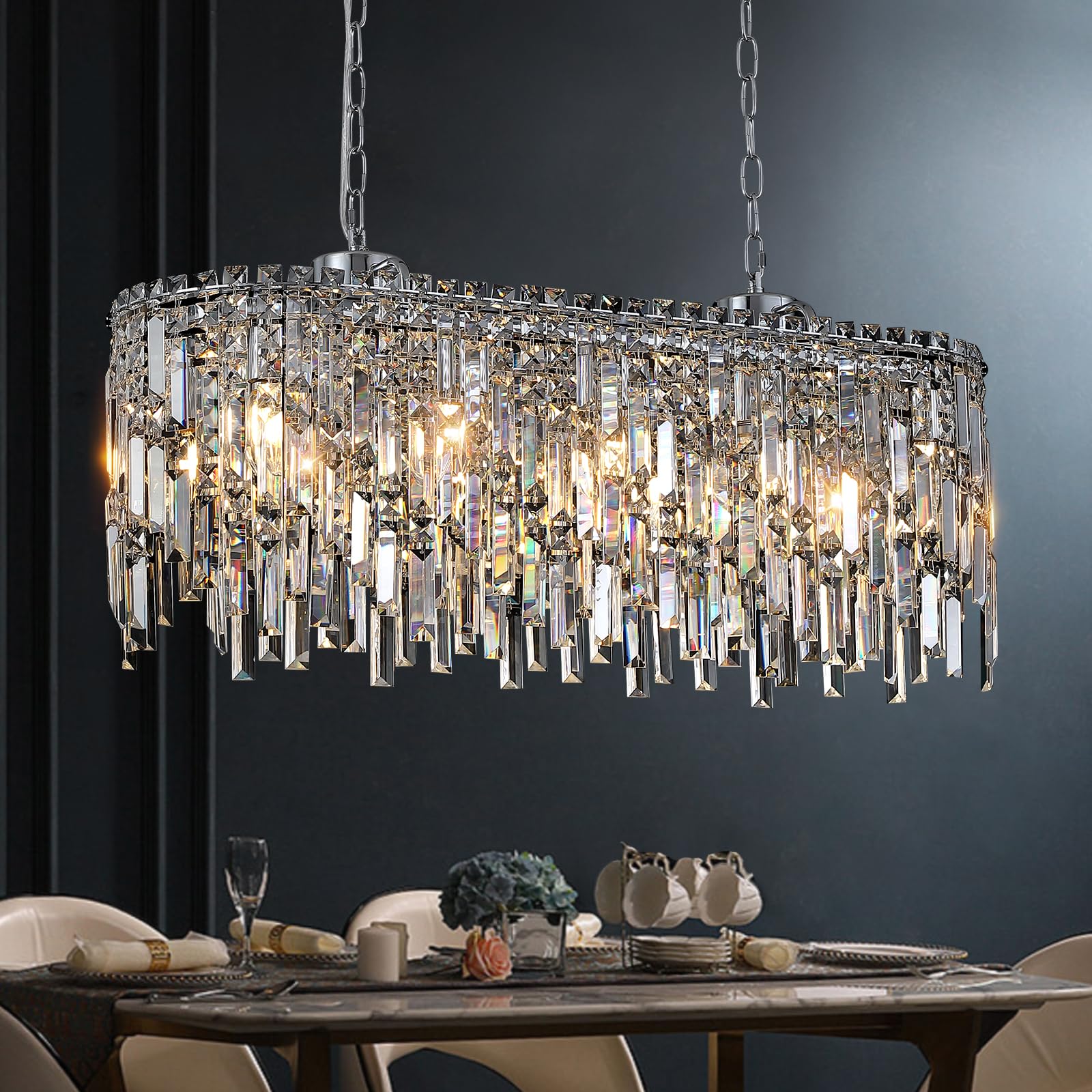 A AXILIXI Rectangular Crystal Chandelier for Dining Room Modern Chrome Chandelier Linear Rectangle Pendant Light Fixtures for Ki