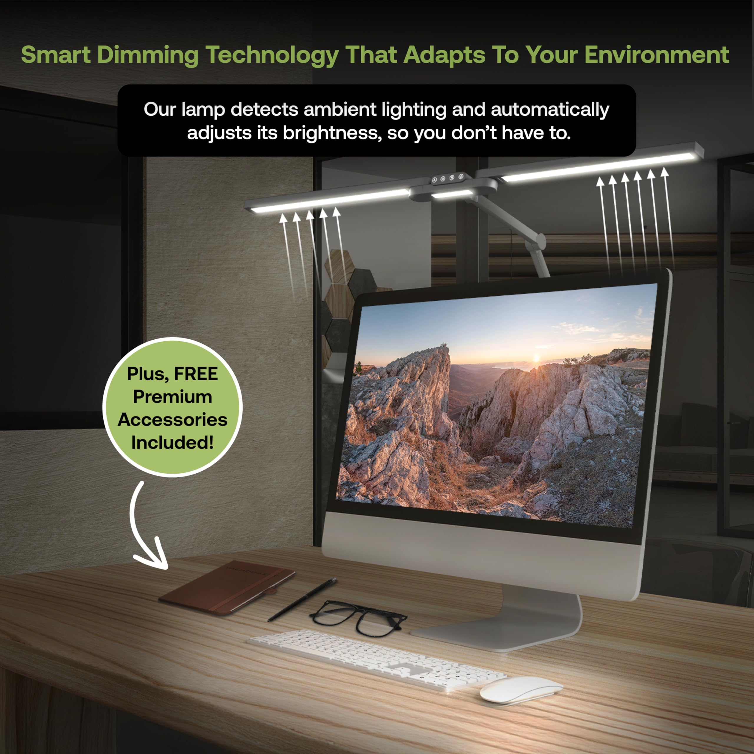 The Housery Led Desk Lamp - Modern Led Desk Lamp For Home Office W/Clamp, Architect-Style Adjustable Arms, Wide Monitor Light Ba