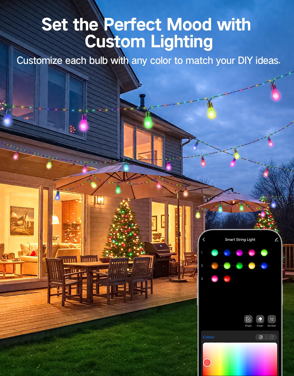 OUTON Outdoor String Lights, 46FT RGBAI Smart Festoon Lights Outdoor, Waterproof IP65, Remote & APP Control, Works with Alexa, G