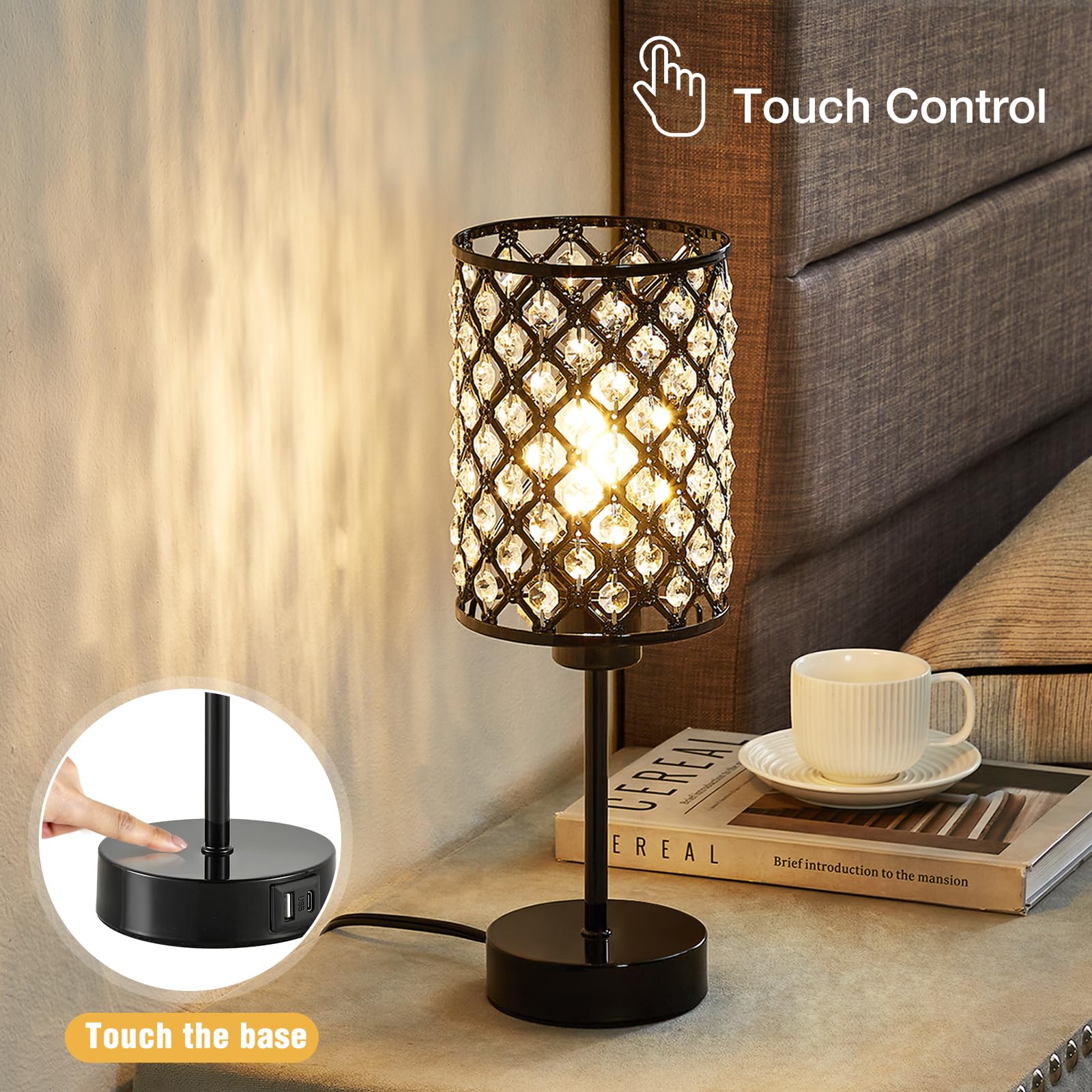 Gyrovu Crystal Table Lamp, Black Lamp For Bedroom Nightstand With Usb C+A Ports, 3 Way Dimmable Touch Lamp With Crystal Shade, B