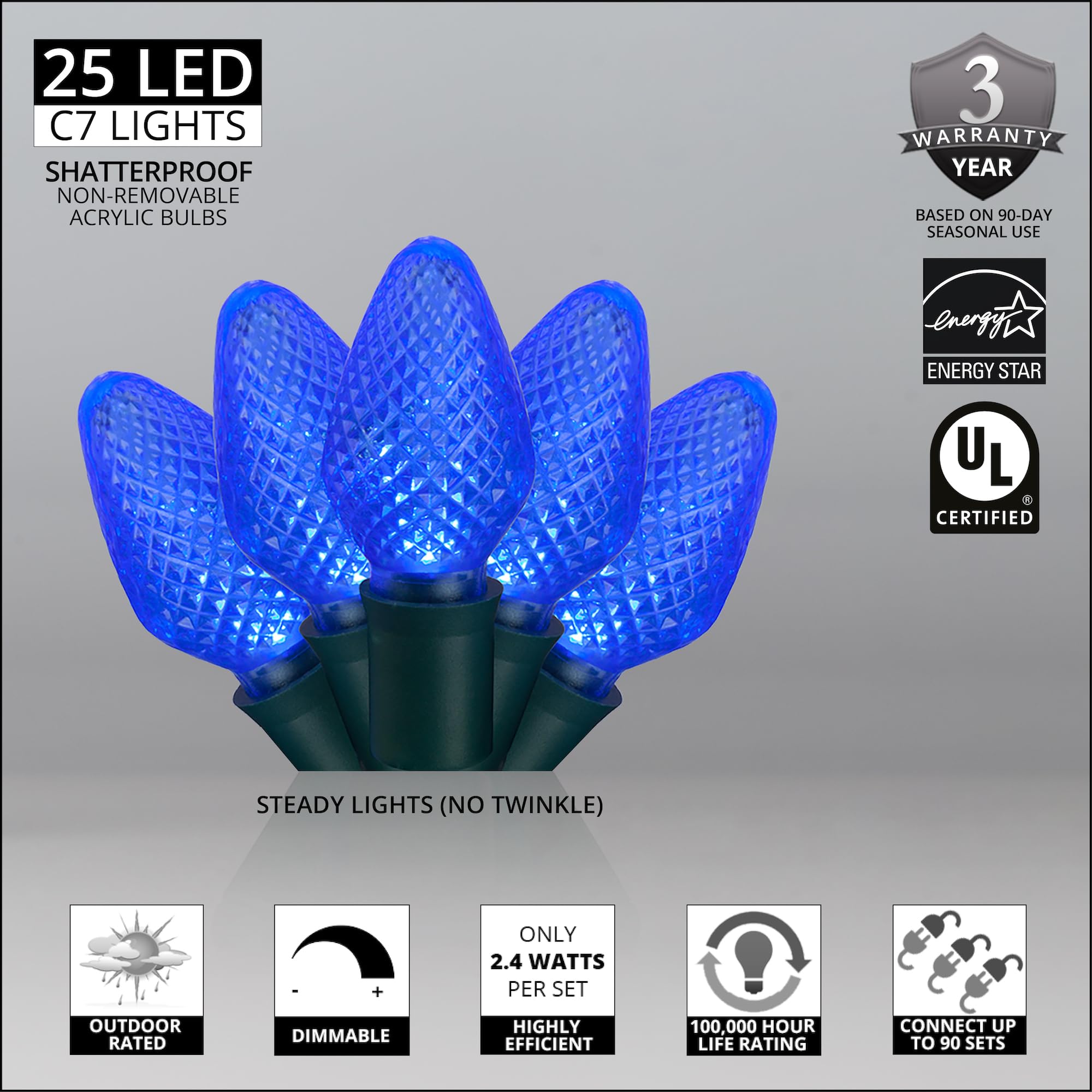 C7 Led Faceted Blue Prelamped Light Set, Green Wire - 25 C7 Blue Led Christmas Lights, 8&quot; Spacing