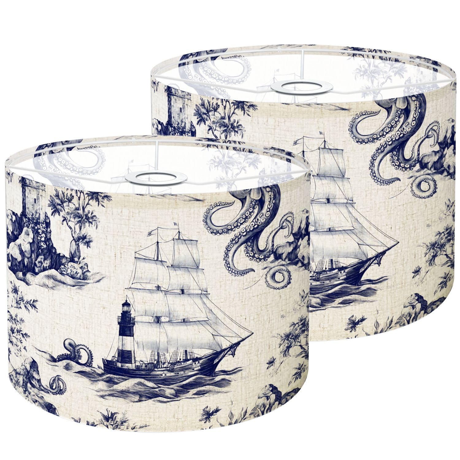Lamp Shades Set of 2 Blue Deep Sea Toile Sailing Ship Lighthouse Octopus Rocky Shores Drum Lampshades 8.9x11x11 for Table Lamps 