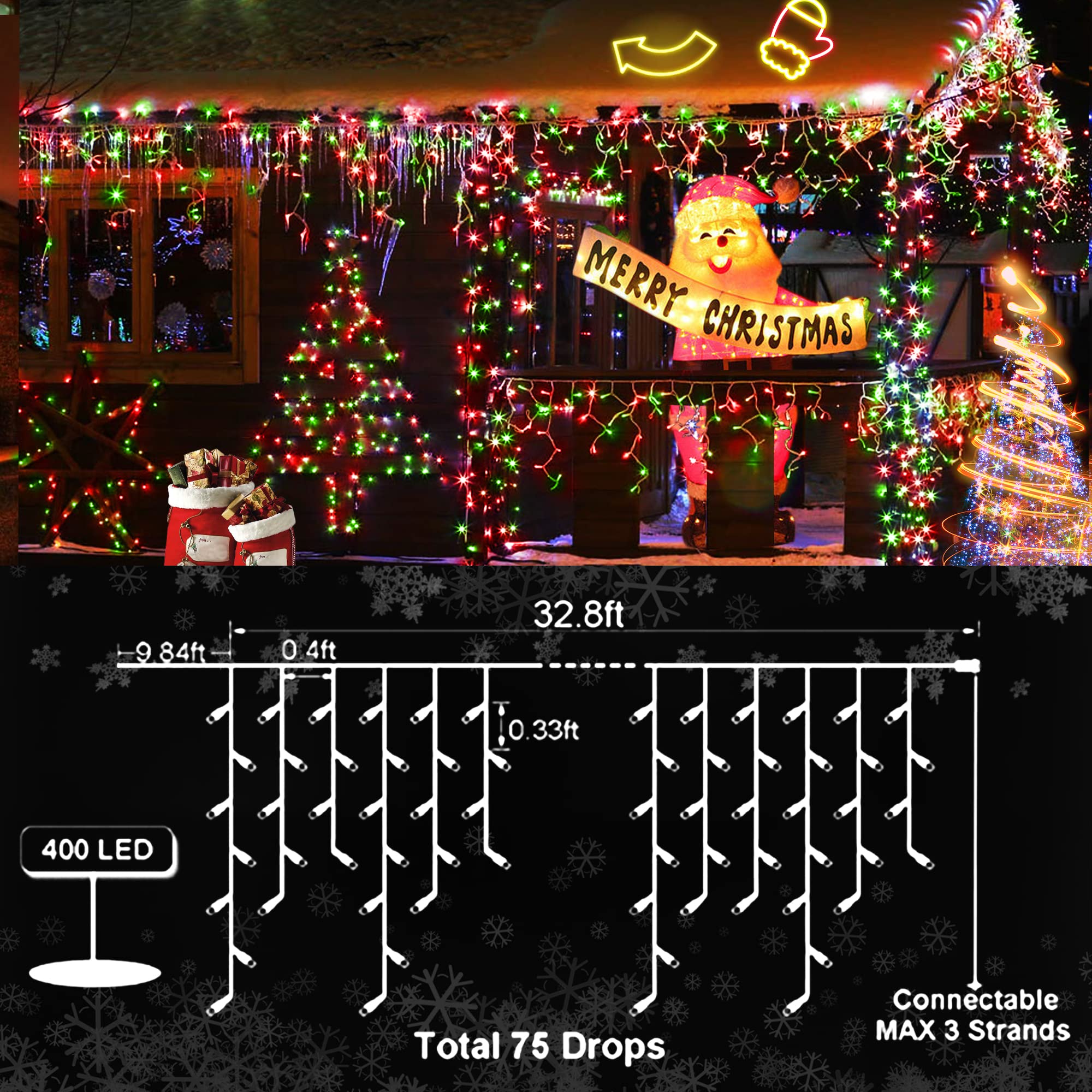 KNONEW Outdoor Decorative String Lights, 400 LED, 33ft, 8 Modes, Red and Green, Clear Wire, Fairy Curtain Light for Holiday Decor