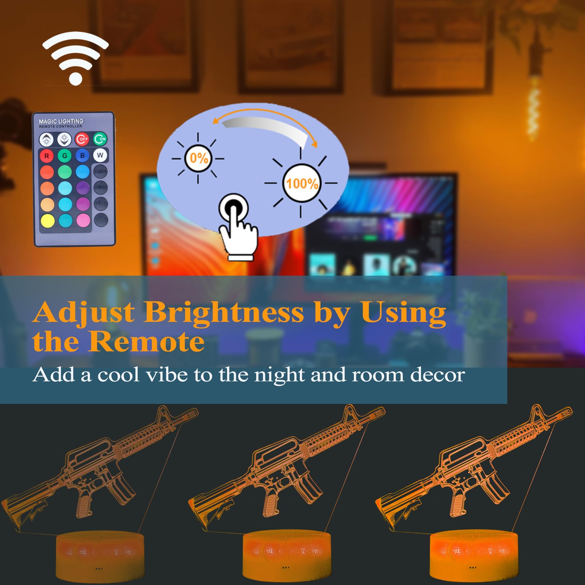 Posshe M4A1 Night Light, M4A1 Model Gifts, 3D Illusion Lamp With 16 Colors Changing, Remote Control And Dimmable, Game Living Ro