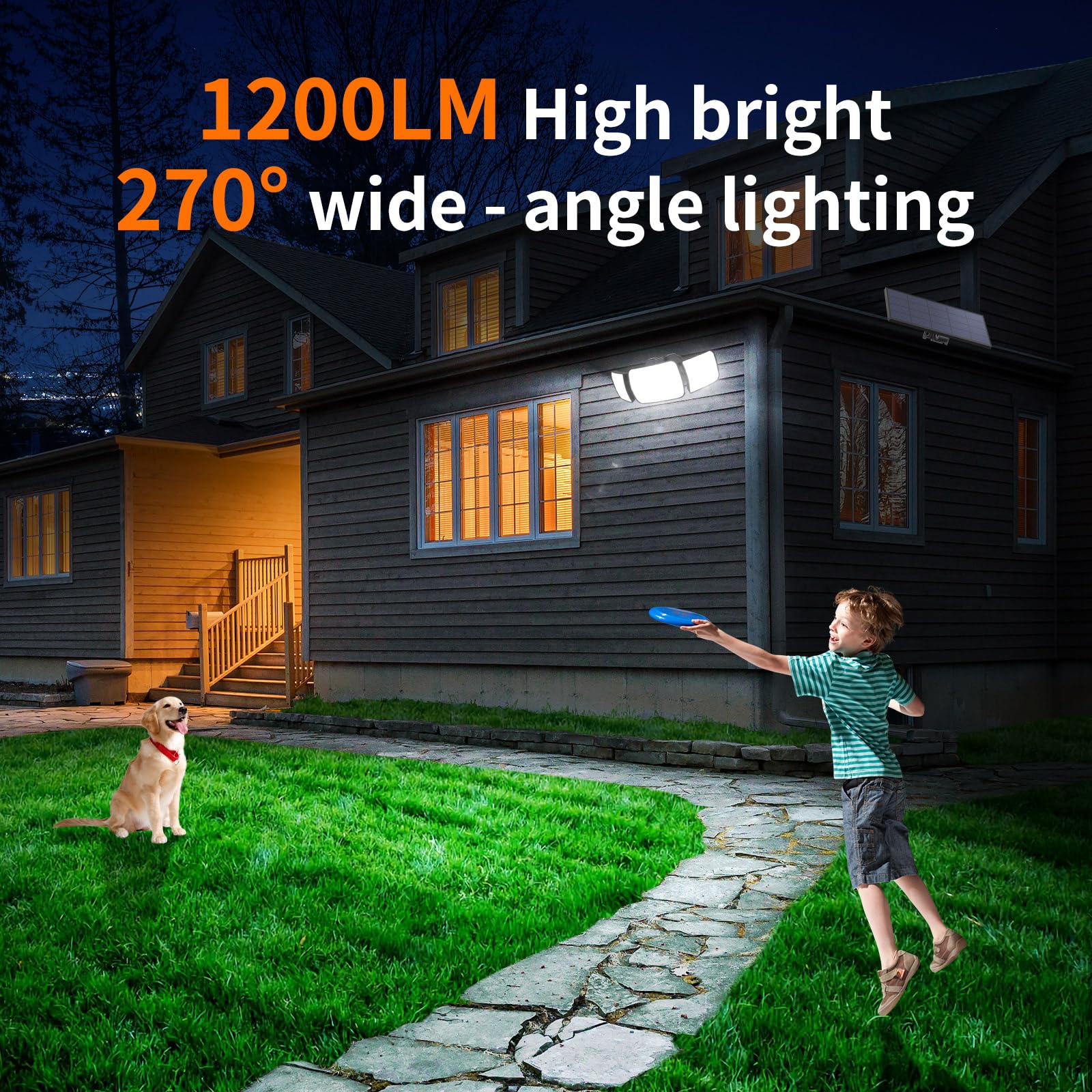 intelamp Solar Flood Light, 6000mAh, 1200LM, Dual Motion Sensor, Waterproof, 9.8ft Cable, Black, Model YL002-12B