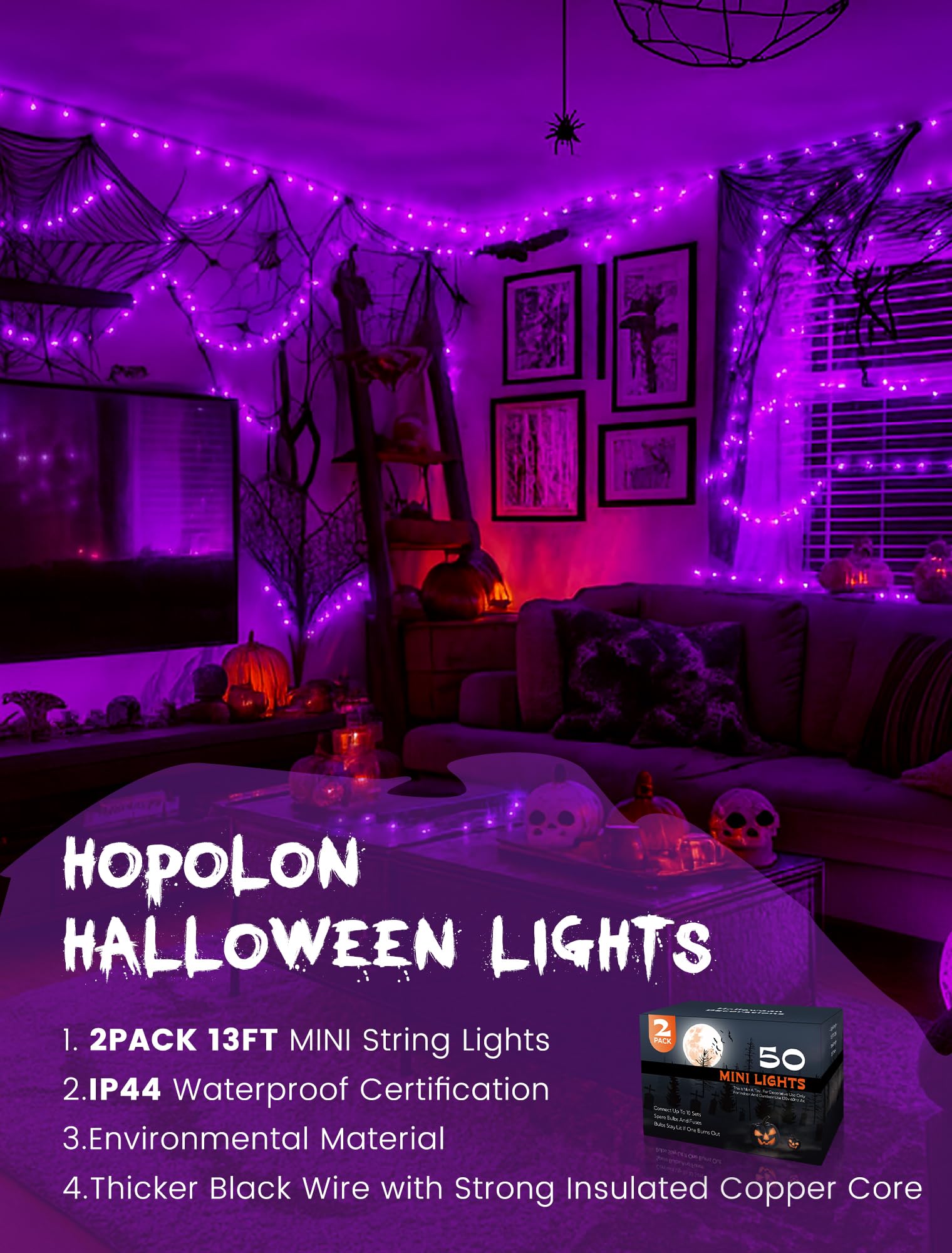Hopolon Purple Halloween Lights 2Pack 13Ft 50Count Halloween Decorations Mini Purple String Lights With Black Wire Waterproof Ul Certified For Indoor Outdoor Christmas Tree Home Party Garden Holiday