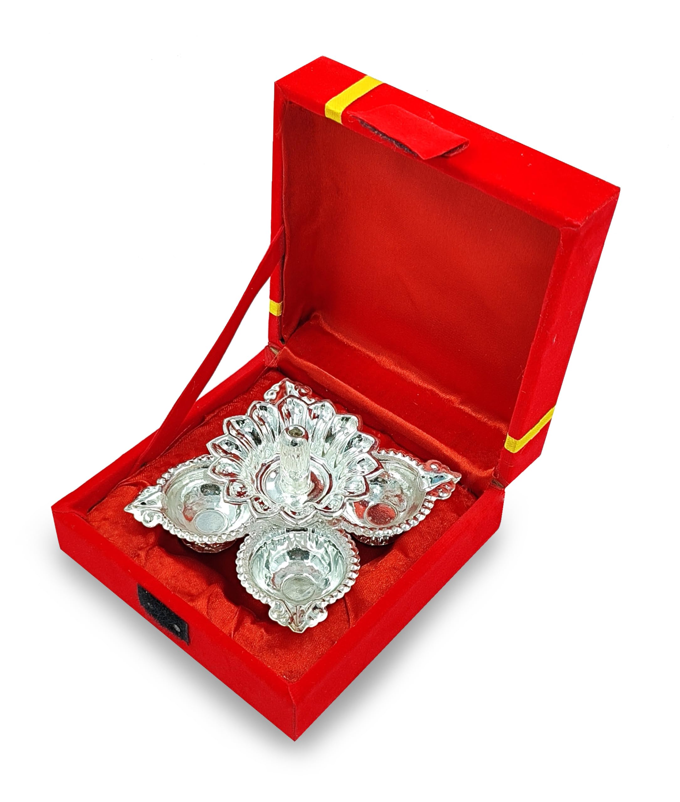 Bengalen Silver Plated Diya, Handmade Daily Oil Lamp, Pack Of 1, Red Velvet Gift Box, Traditional Indian Deepawali Decoration
