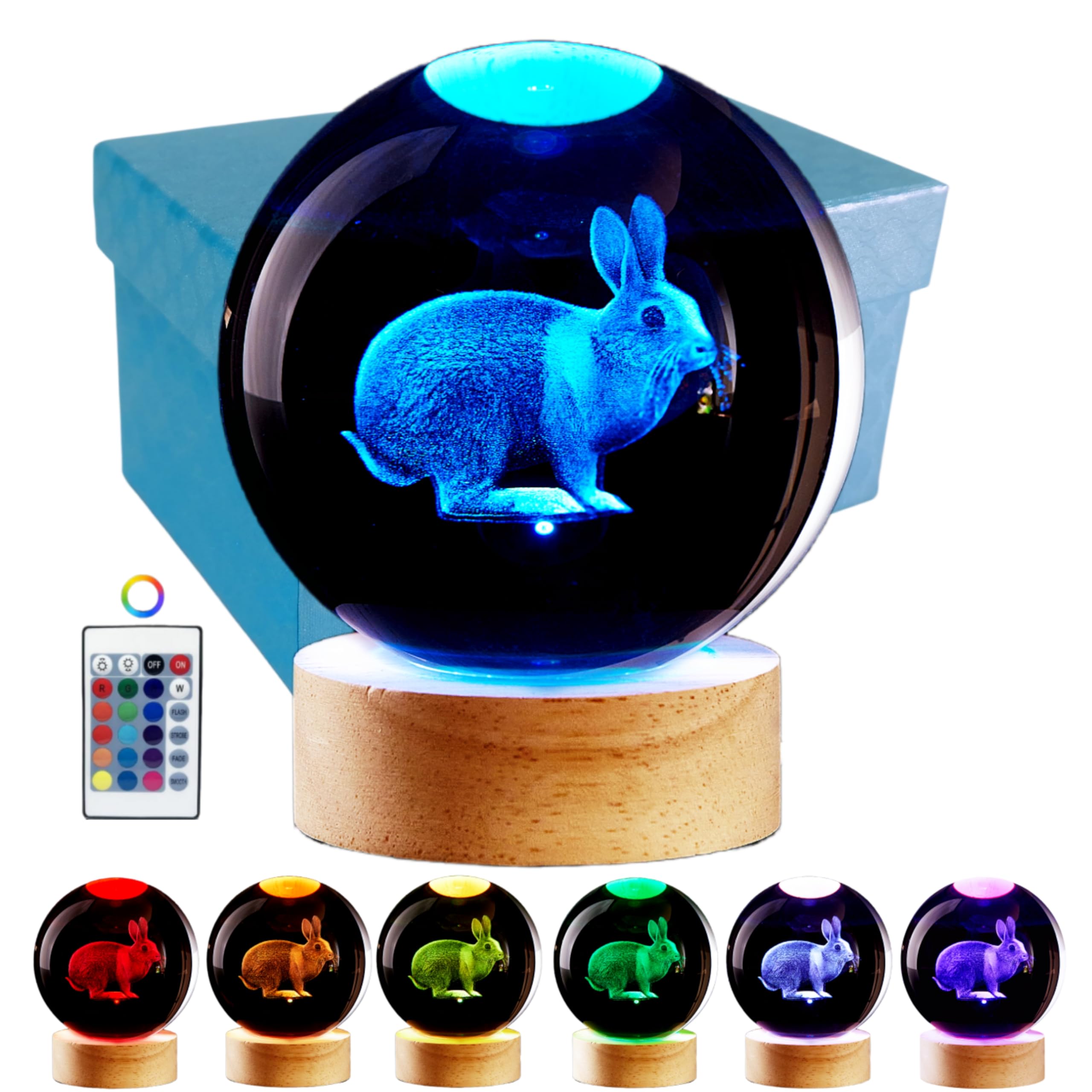 3D Rabbit Crystal Ball Lamp,Lifelike LED Rabbit Night Light,16 Colors Changing Light,Dimmable Remote Control,Desk lamp (Rabbit)