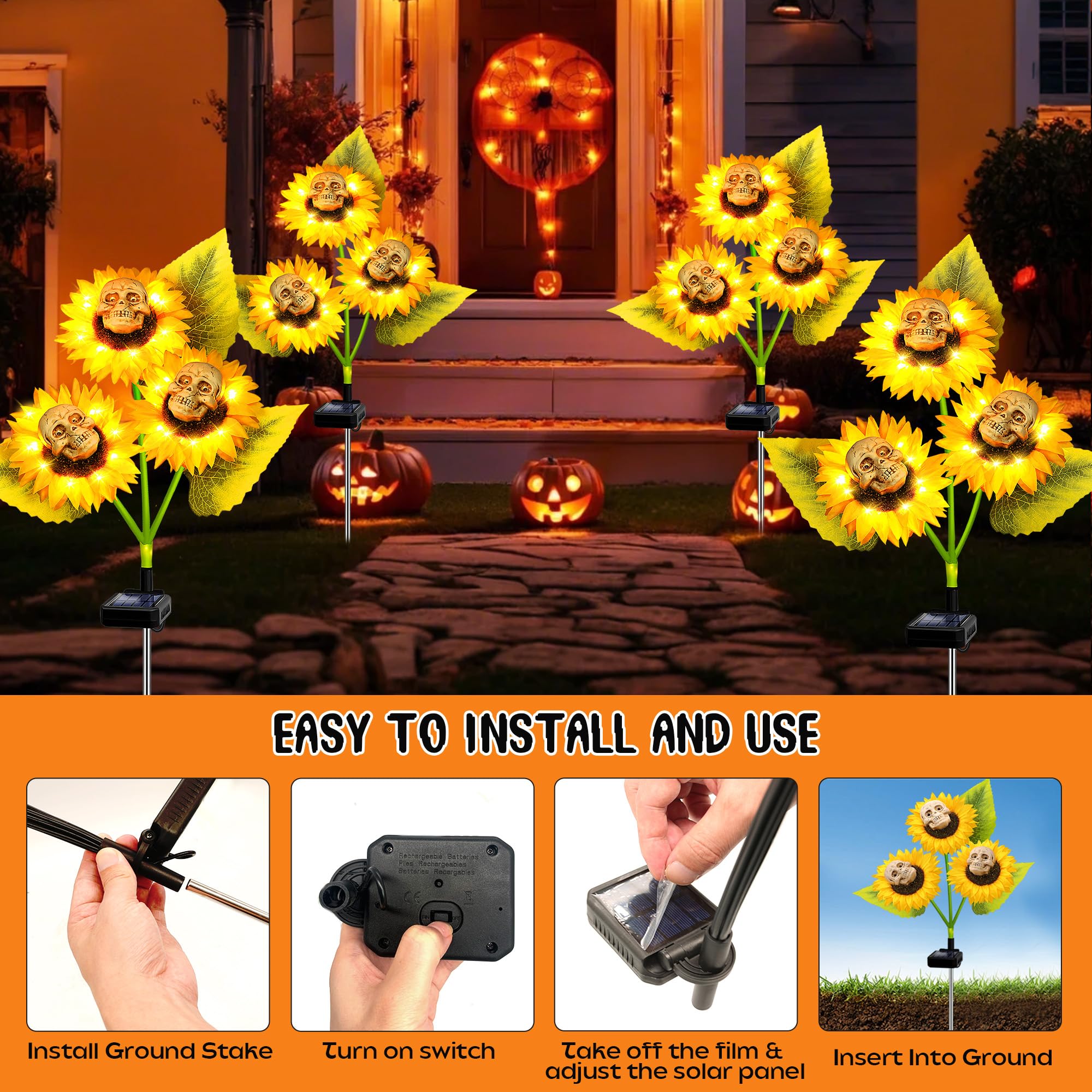 Halloween Decorations Outdoor, 2 Pack Solar Scary Skull Sunflowers Lights,Waterproof Solar Flowers Lights Solar Garden Lights For Halloween Yard Patio Lawn Party Decor