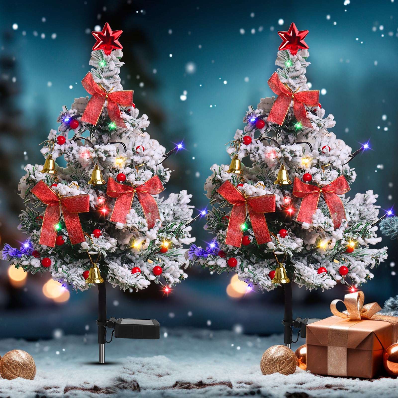 Solar Christmas Trees Decorations, 2 Pack Solar Powered Xmas Tree Lights, Pathway Lights with Multi-Color Lights Waterproof for 