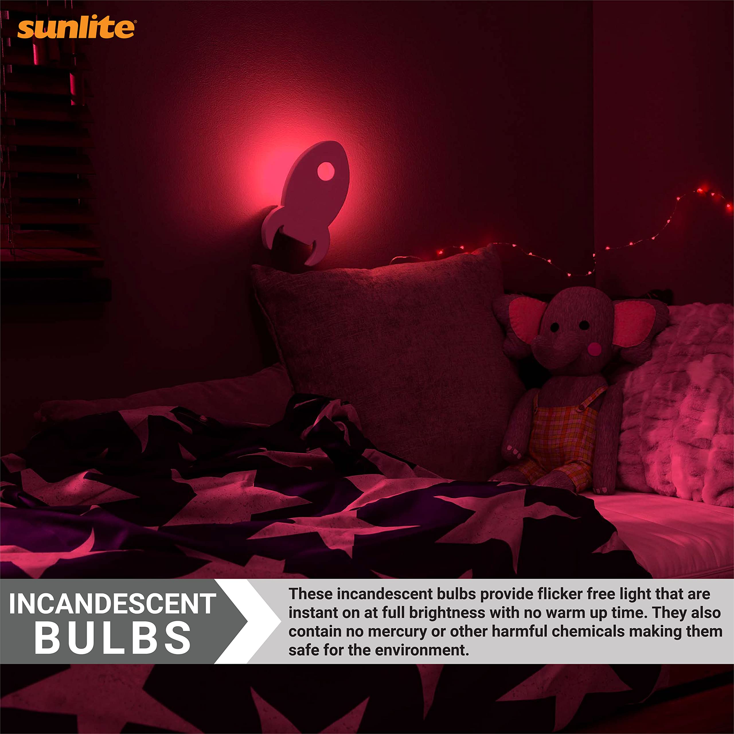 Sunlite 01058 Incandescent Bulb, Candelabra E12 Base, 7 Watt, Red, 12 Count