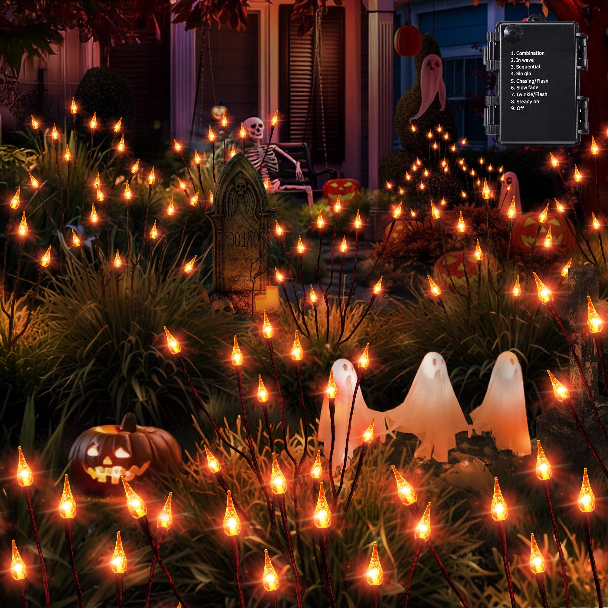 Brizled Halloween Pathway Lights, 7.54ft 3 Pack Candle Flame Orange Lights Outdoor with Timer, Battery Powered Halloween Light W