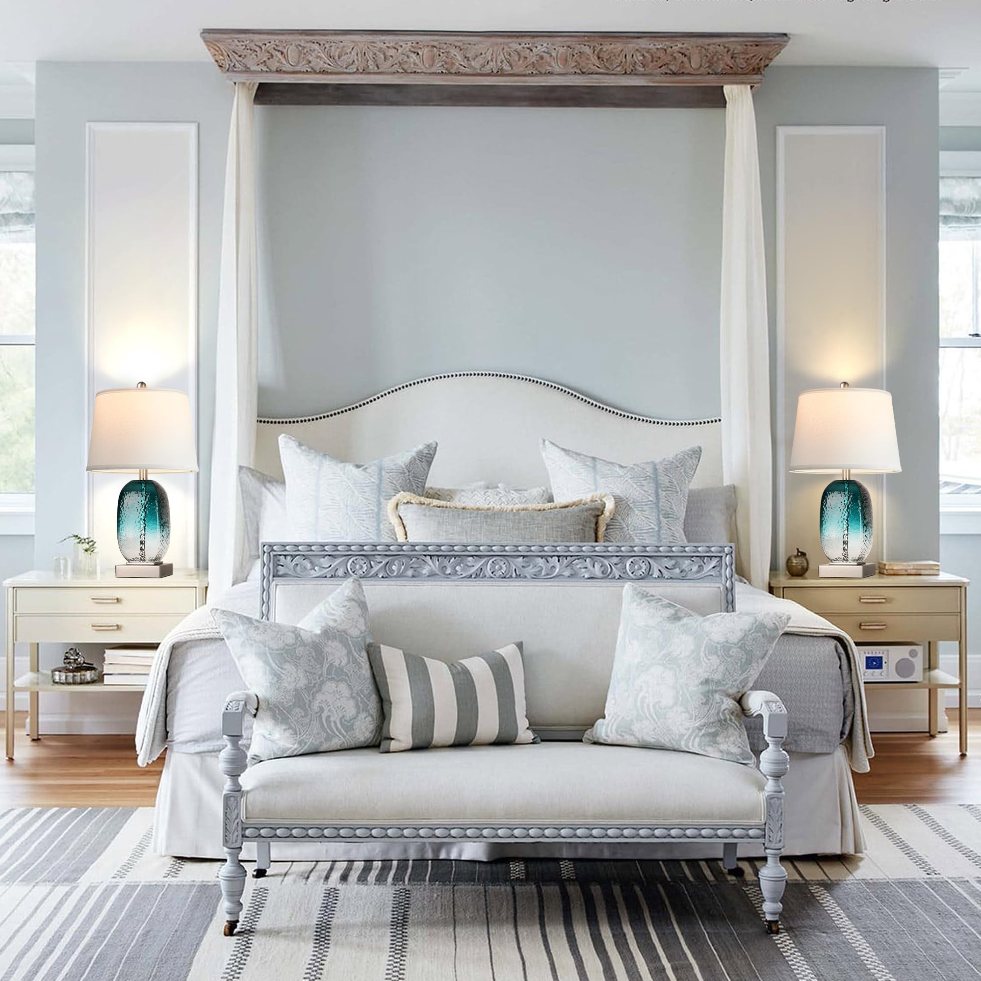 Partphoner Table Lamp Set Of 2 - Touch Control, 3-Way Dimmable, Teal Glass, Usb Ports, Led Bulbs Included, Modern Coastal Design