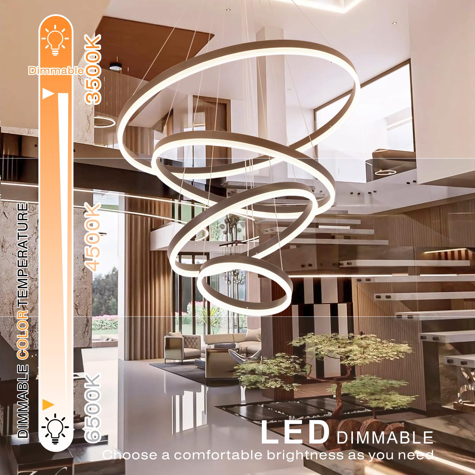 Embring Led Chandelier,4 Ring Chandelier Modern Led Pendant Light,Dimmable Black Modern Chandelier For Dining Room,Luxury High Ceiling Chandelier For Entryway,D31.5 Large Staircase Chandelier
