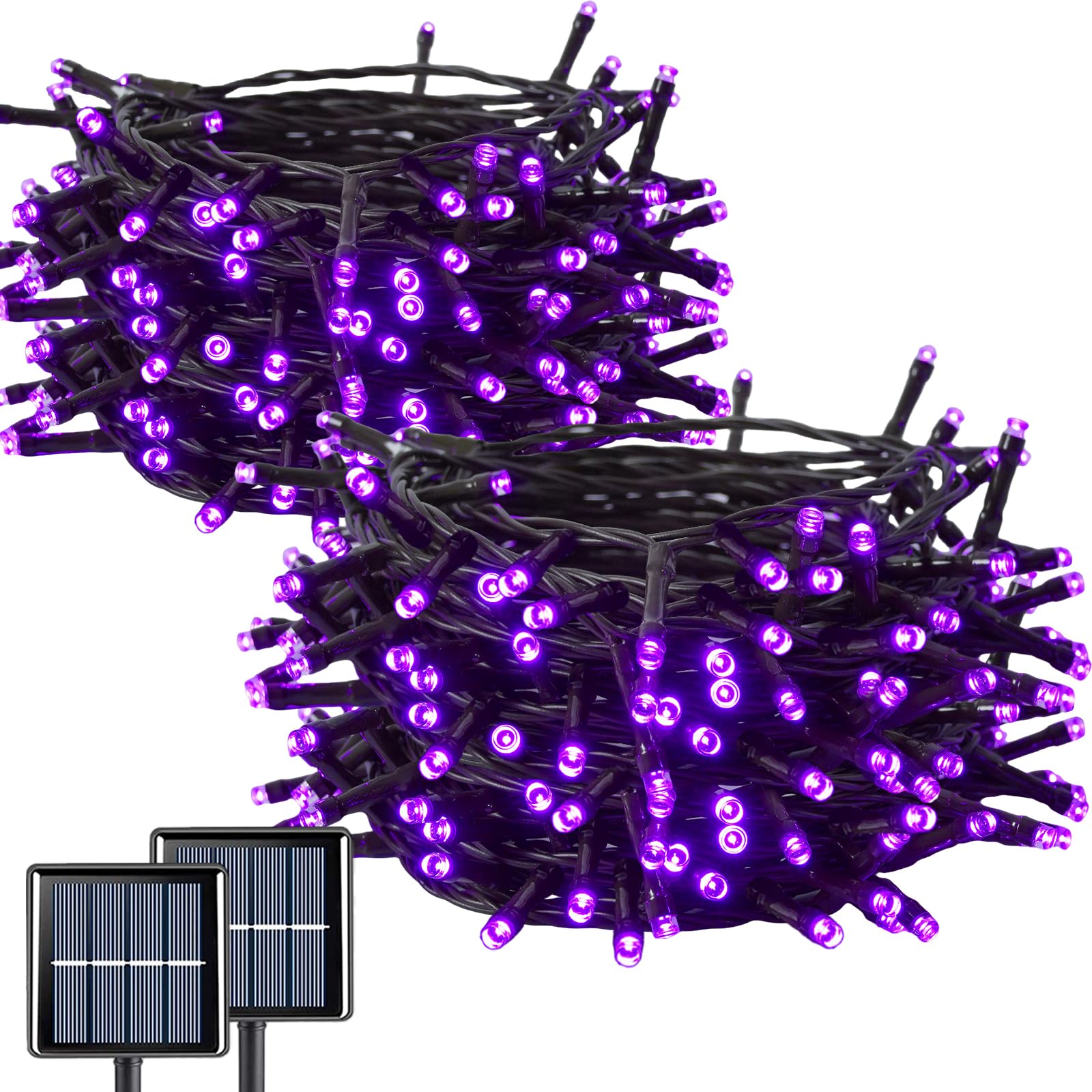 Qitong Purple Solar String Lights, 2 Pack Each 66Ft 200 Led Halloween Lights Outdoor Waterproof, 8 Modes Green Wire Christmas Tw