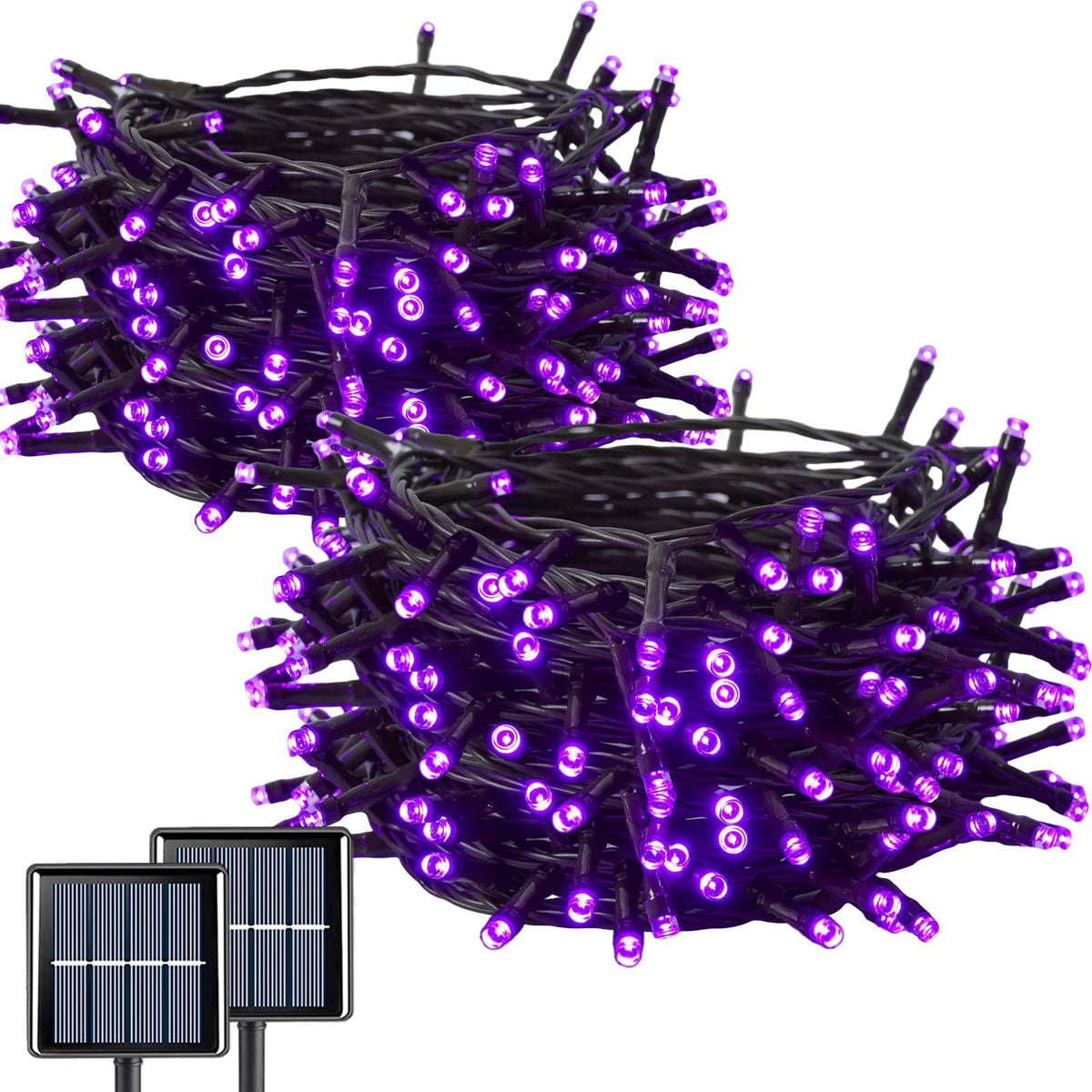 Qitong Purple Solar String Lights, 2 Pack Each 66Ft 200 Led Halloween Lights Outdoor Waterproof, 8 Modes Green Wire Christmas Tw