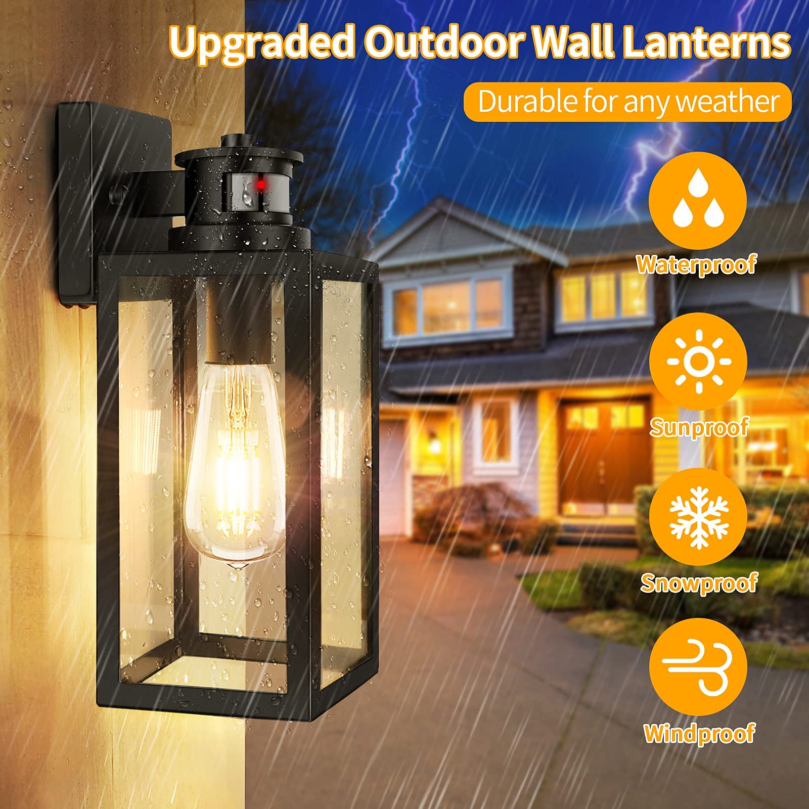 TOBUSA 2-Pack Motion Sensor Outdoor Wall Lights, 13.25" Black Metal Lanterns, Dusk to Dawn, Clear Glass Sconce for Porch & Garage