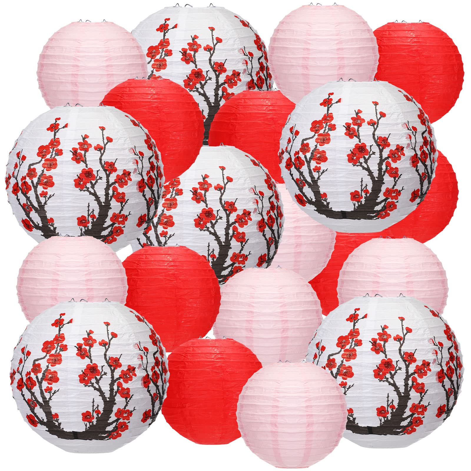 Mudder 20pcs Chinese Japanese Paper Lanterns (12'' Cherry Blossom, 7.5'' Red) for Wedding, Party Decor