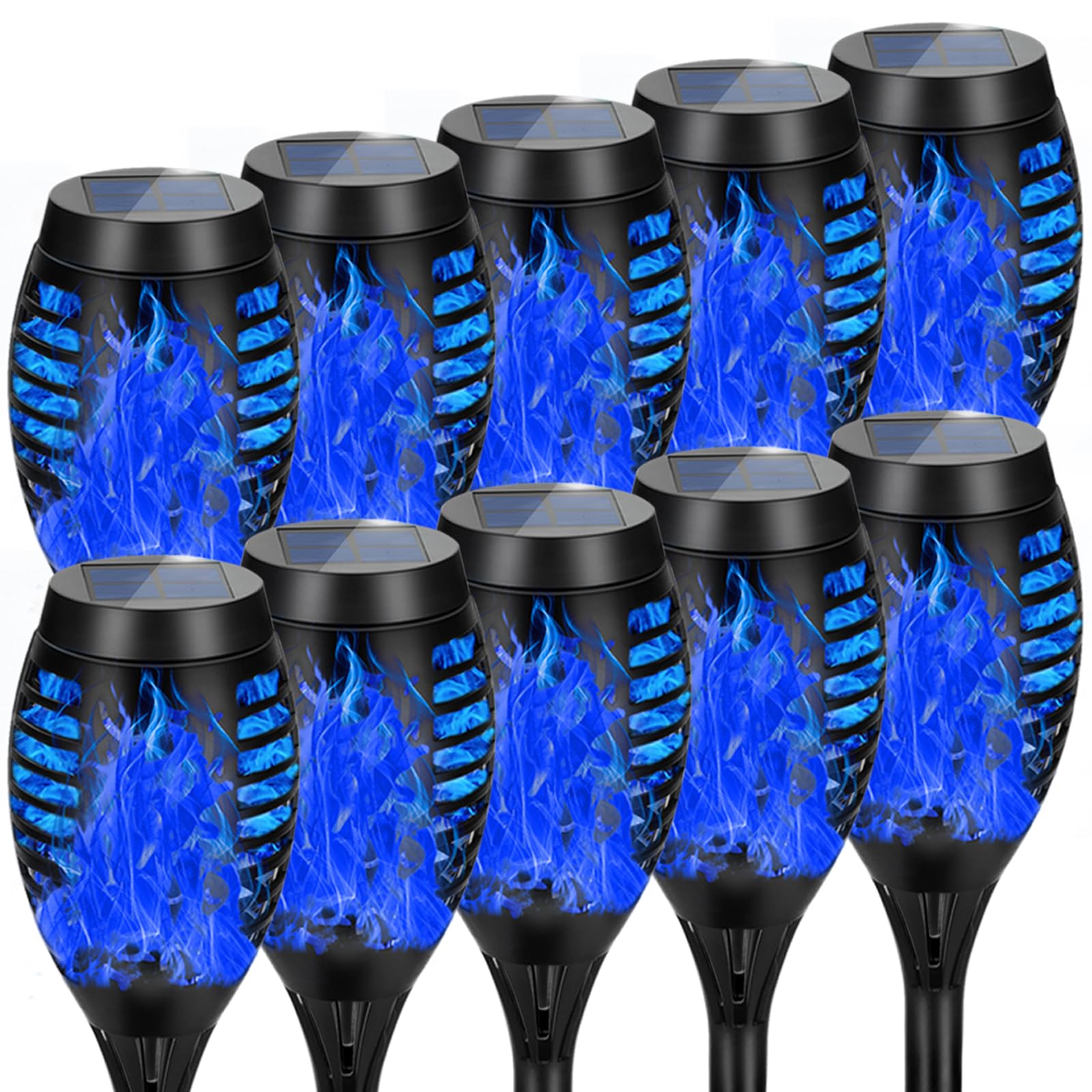 AOUNQ Solar Torch Lights, 10 Pack Blue Flickering Flame, Waterproof Outdoor Garden Decor, Model c34aaa17-3634-44fd-891a-3ebb0e47410