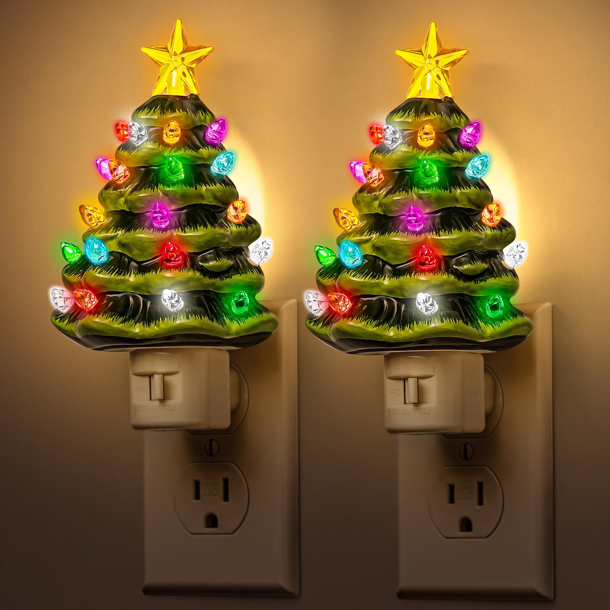 DORESshop Ceramic Christmas Tree Night Light  3000K Night Lights Plug into Wall  Cute & Funny Christmas Decor Night Light for Kids  Plug in Nightlight with 360?Rotatable  Holiday Party Decor  1 Pack