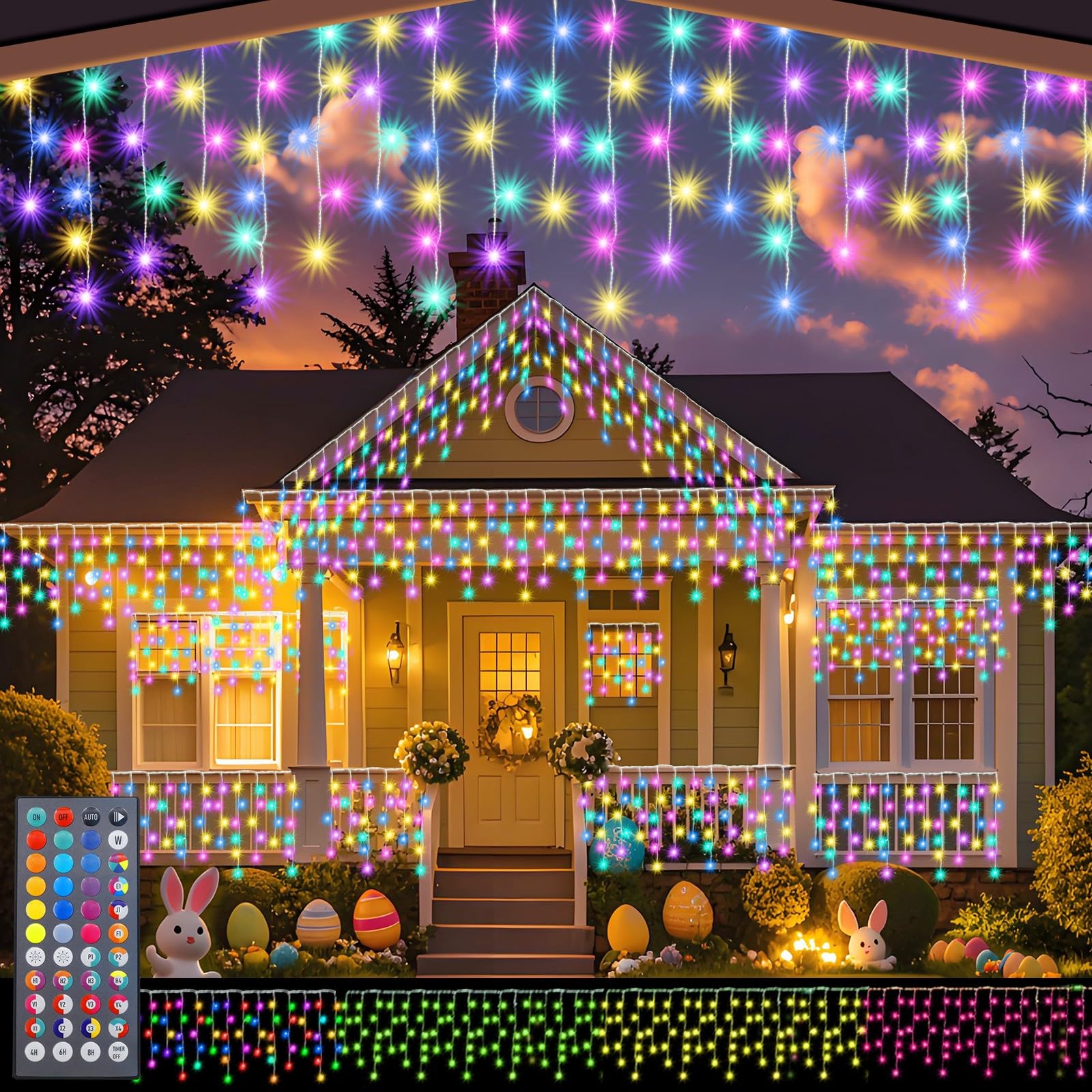 Pooqla Color Changing Icicle Lights with 44 Keys Remote, Easter LED Icicle Lights Outdoor, 240 LED 23 FT RGB Waterproof Hanging 