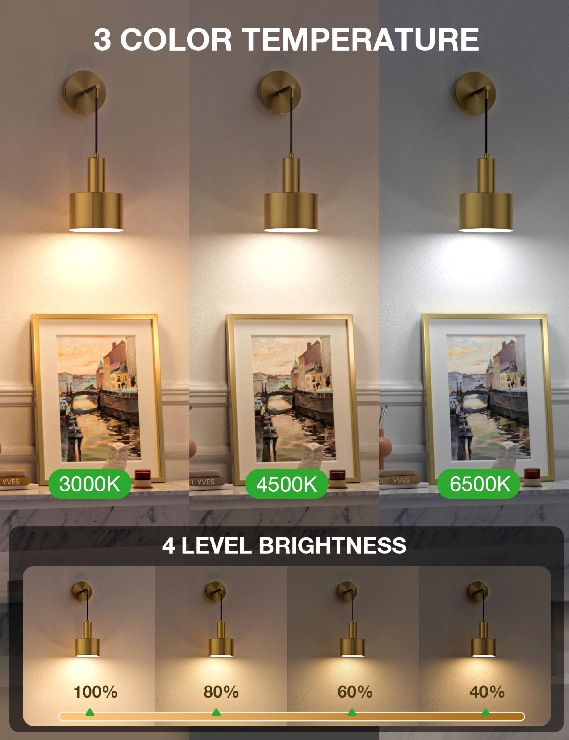 NIORSUN Battery Operated Wall Sconce Set of 2, Gold Wireless Rechargeable Lights with Remote, Dimmable 5200mAh Bulbs for Home Decor