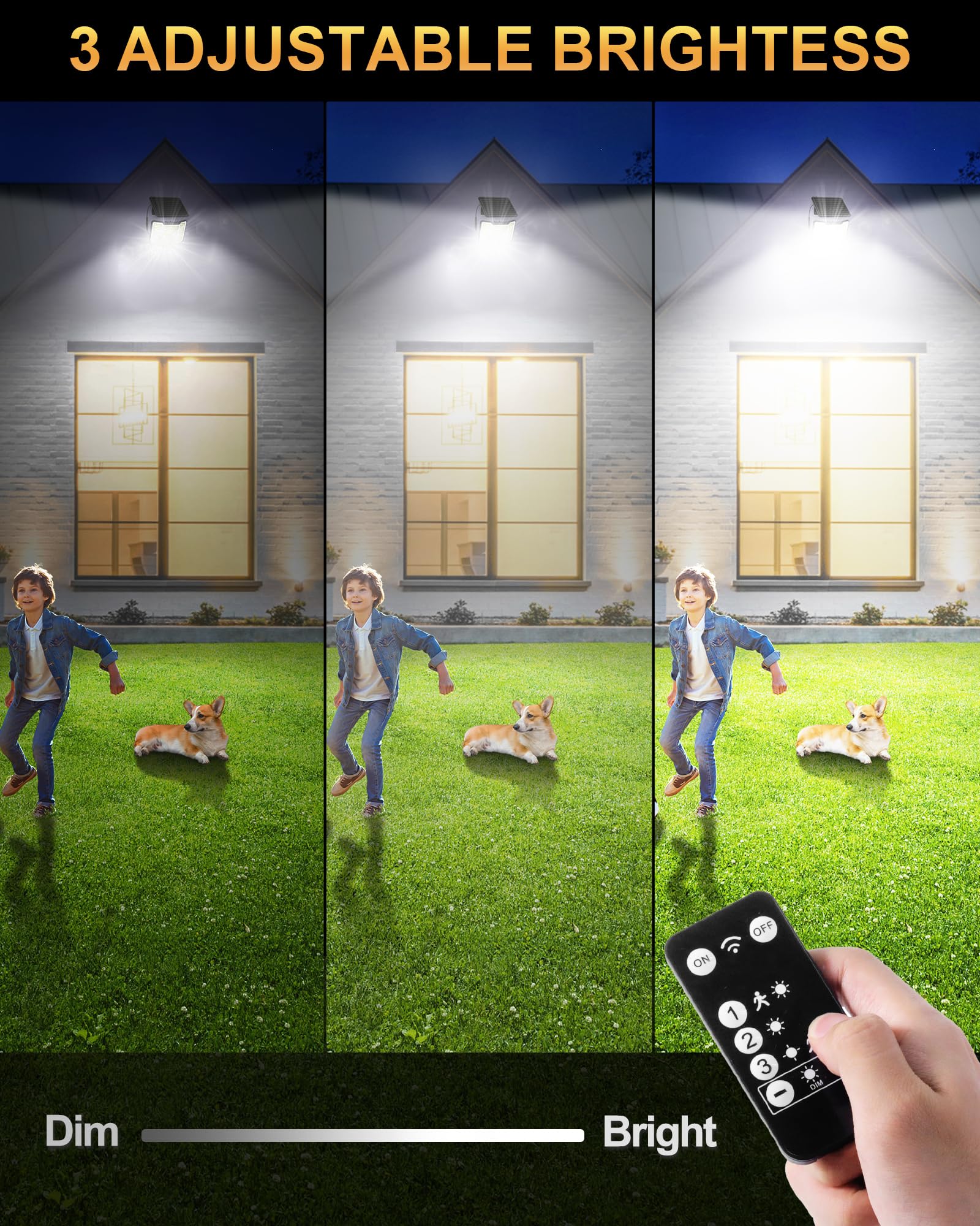 Solar Motion Lights Outdoor with Remote Control, 4-Sided Wide-Angle Illumination, 3-Stage Dimming, 3 Modes, Dusk to Dawn, 16.4ft