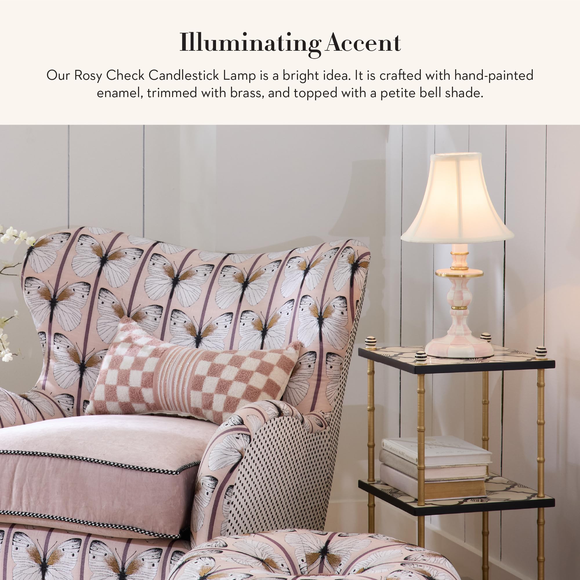 Mackenzie-Childs Candlestick Lamp, Decorative Lamp For Living Room Or Bedroom, Pink-And-White Rosy Check