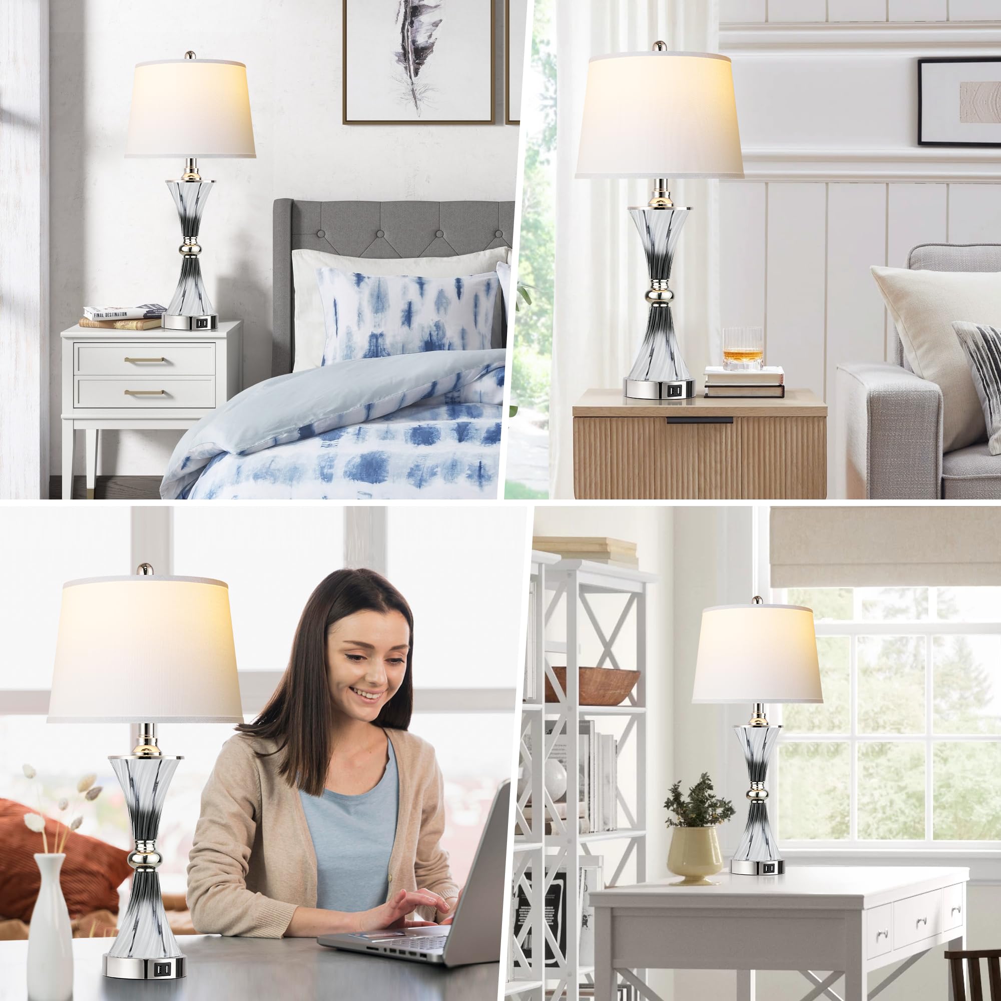 3-Way Dimmable Touch Glass Bedside Table Lamps For Bedroom Set Of 2 With 2 Usb Ports,Dark Grey And White Living Room Lamps For E