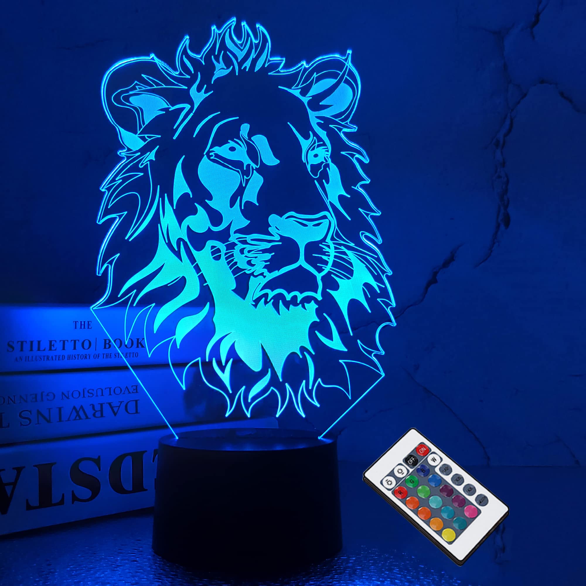 FULLOSUN Lion 3D Illusion Lamp, Remote Control, 16 Color Changing, Acrylic, Kids Bedside Light, Model FS-AMZ-JULY, Cool Room Decor