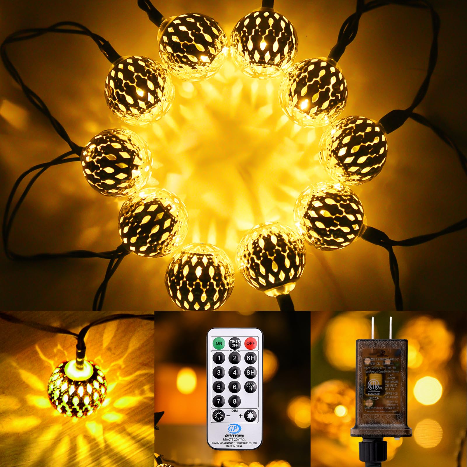 Lightique Moroccan String Lights - 60 Led, 29Ft, Waterproof, 8 Modes, Remote Control, Warm White, Decorative Globe For Indoor/Outdoor Use