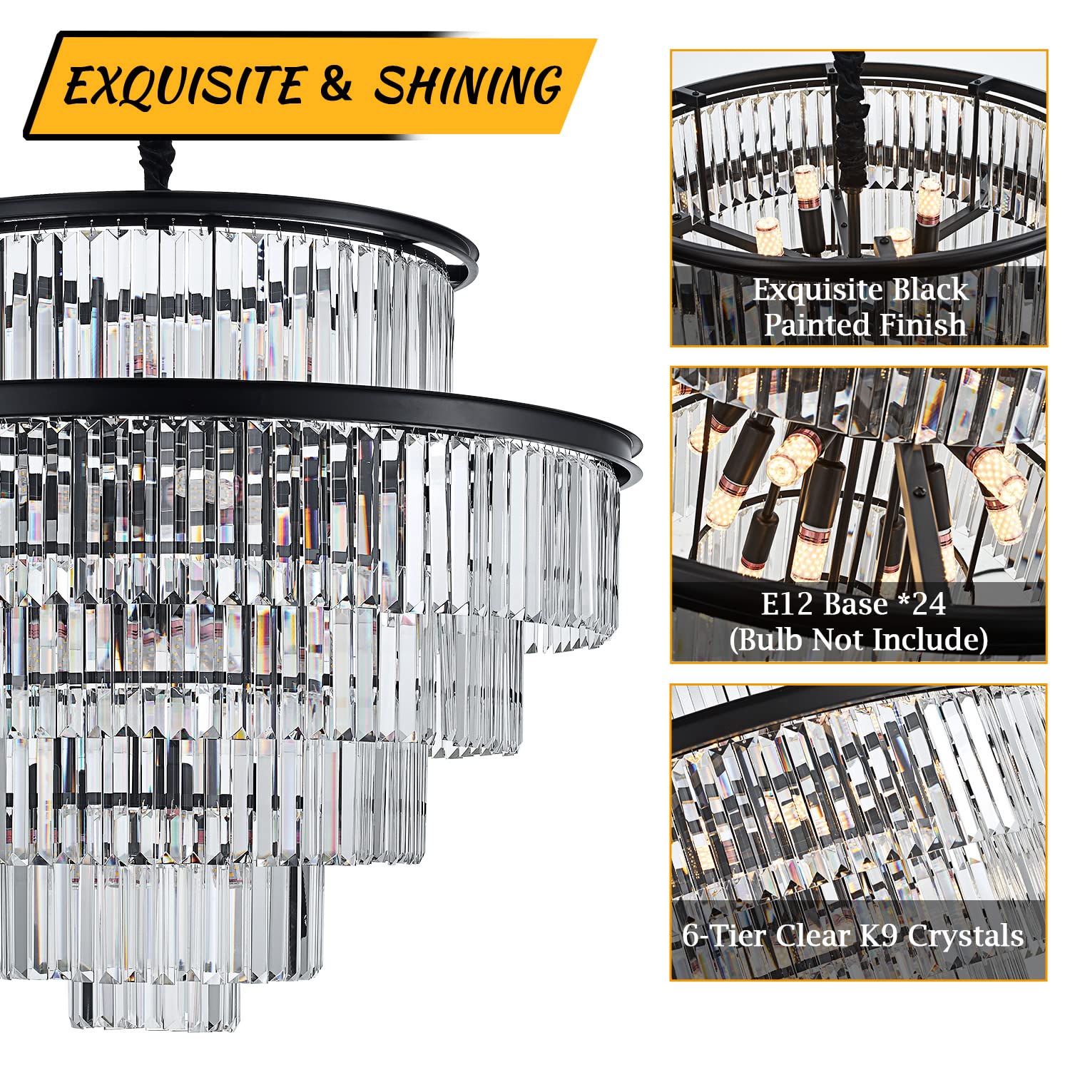 lighceac 35" 24-Light Modern Crystal Chandelier, Black Metal, 6-Tier Pendant Lighting for Dining Room, Living Room, Kitchen