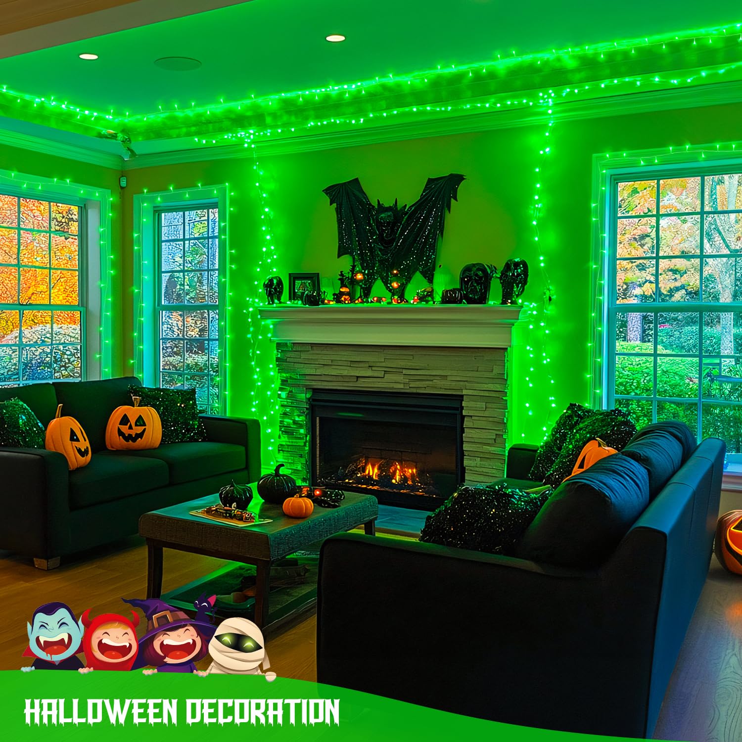 JMEXSUSS 400 LED Christmas Lights, 132ft Green Indoor Outdoor String Lights, Remote Control, 8 Modes, Model EXS-S-0400-R