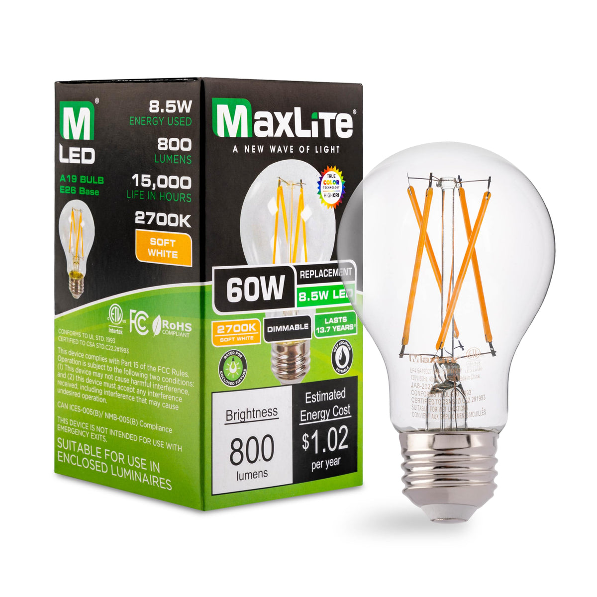 Maxlite Ef8.5A19D927/Ja81 8.5W A19 Dimmable Led Bulb, Enclosed Clear Filament, 2700K Warm White Light, Ja8 Listed - Cri 90, 60W 