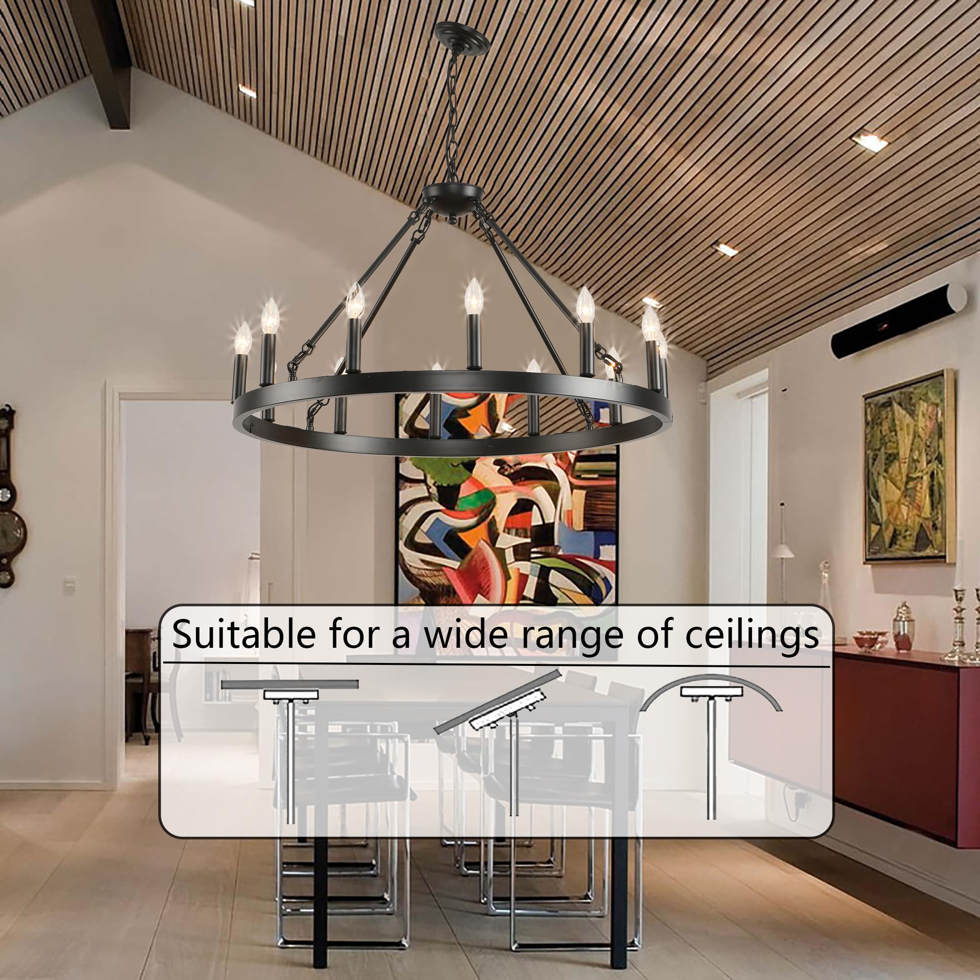 Zbmyrbzj 32&quot; Black Wagon Wheel Chandelier, 12-Light Industrial Ceiling Light For High Ceilings