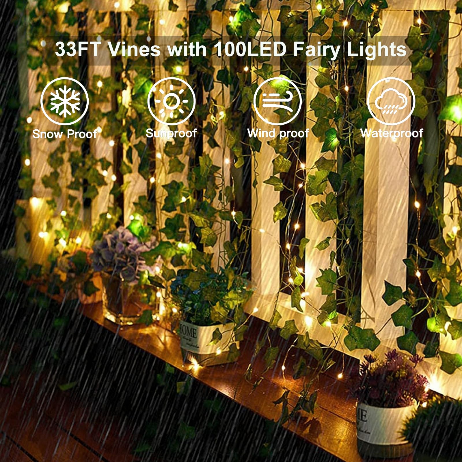 Yjfwal 33Ft Vine Fairy Lights With 100 Led 8 Mode Remote, Artificial Greenery Ivy Leaf Garland String Lights, Battery Operated Fake Vines For Bedroom Home, Garden, Party, Weddings, And Walls