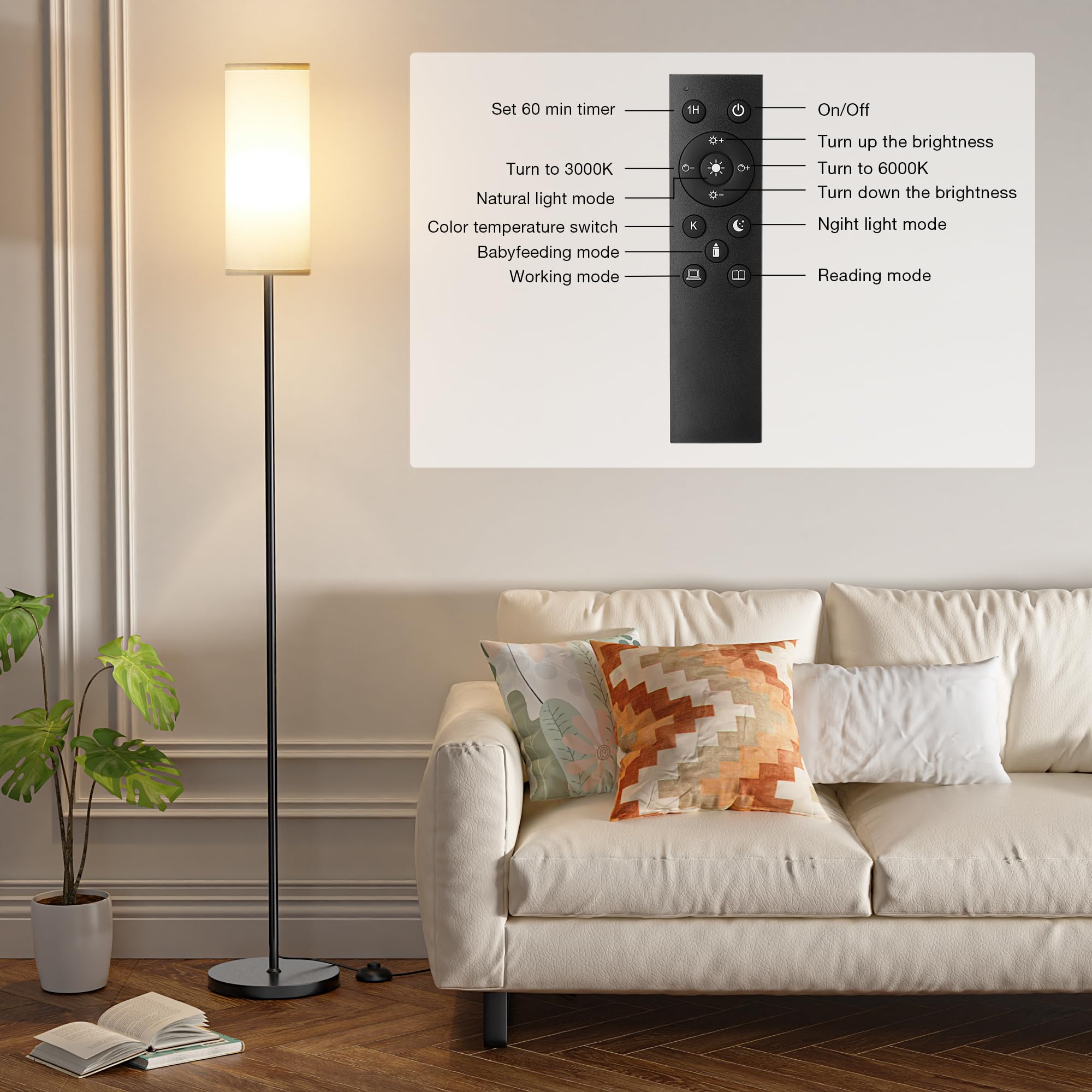 Ambimall 66'' Floor Lamps For Living Room With Remote Control And Stepless Dimmable Colors Temperature & Brightness, 9W Bulb Included(White Lampshade & Black Pole)